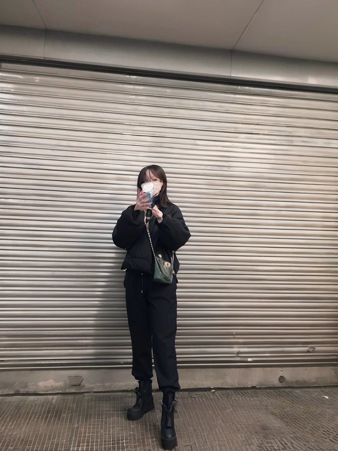 woman in black jacket taking a picture of herself with a cell phone, stood outside a corner shop, wearing japanese techwear, wearing all black mempo mask, photograph taken in 2 0 2 0, masked person in corner, in front of ramen shop, photograph of a techwear woman, standing in an alleyway, wearing a mask, photo taken in 2 0 2 0 artwork in the style of guweiz, guweiz, guweiz on pixiv artstation, anime style. 8k, guweiz on artstation pixiv, anime style 4 k, realistic anime 3 d style, anime realism style, realistic anime artstyle