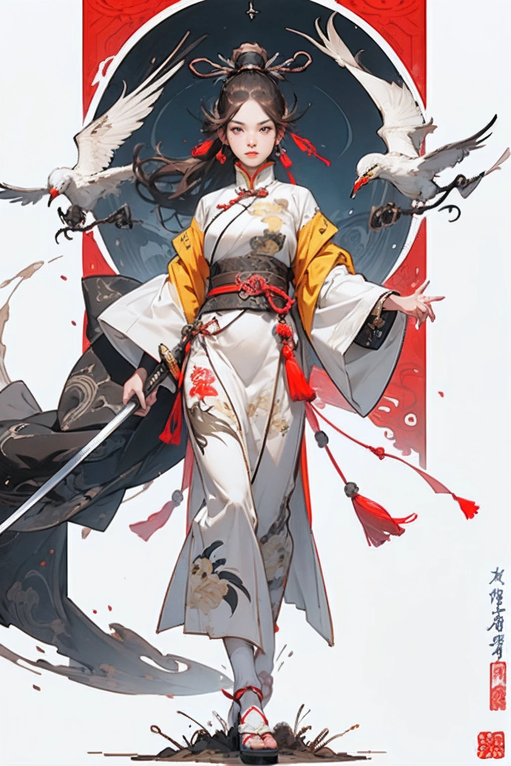 ((full body)) Best quality,head,original_outfit,clear details,masterpiece, best_quality, clear details,1 girl,((white and yellow and blue clothes)), no red color , blue accent color ,detailed skin texture,detailed cloth texture, beautiful detailed face, ultra detailed,photorealism,dark brown hair, clear pupils,brown eyes, clear face,full body,warrior female, (holding chinese sword), ancient china, wind theme, chinese cranes pattern on clothes, chinese pattern, ink painting