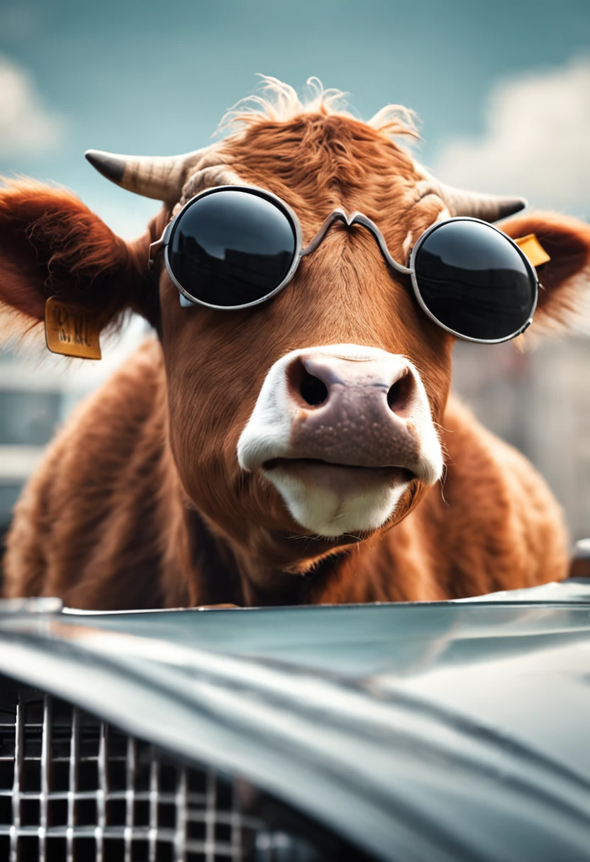 Impeccable quality, incredible detail, breathtaking studio shot, focused, funny Pixtar-like cow, big eyes, It's standing on the hood of the car denting the hood in the middle of a street., daytime