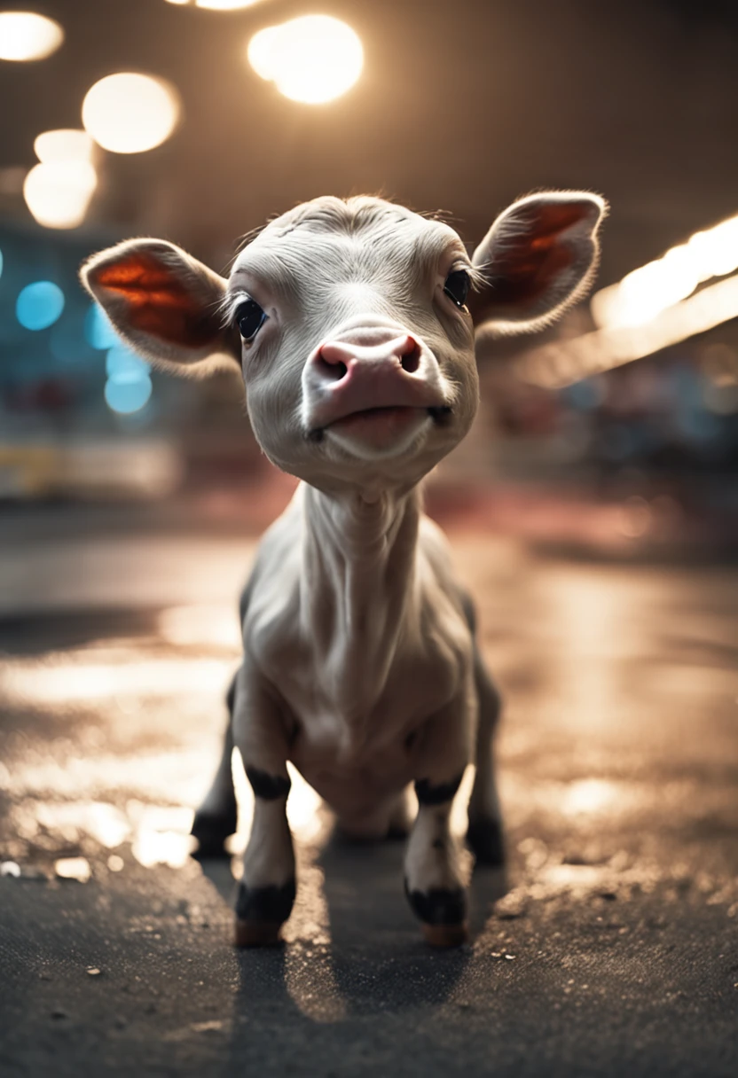 Impeccable quality, incredible detail, breathtaking studio shot, focused, funny Pixtar-like cow, big eyes, It's standing on the hood of the car denting the hood in the middle of a street., daytime