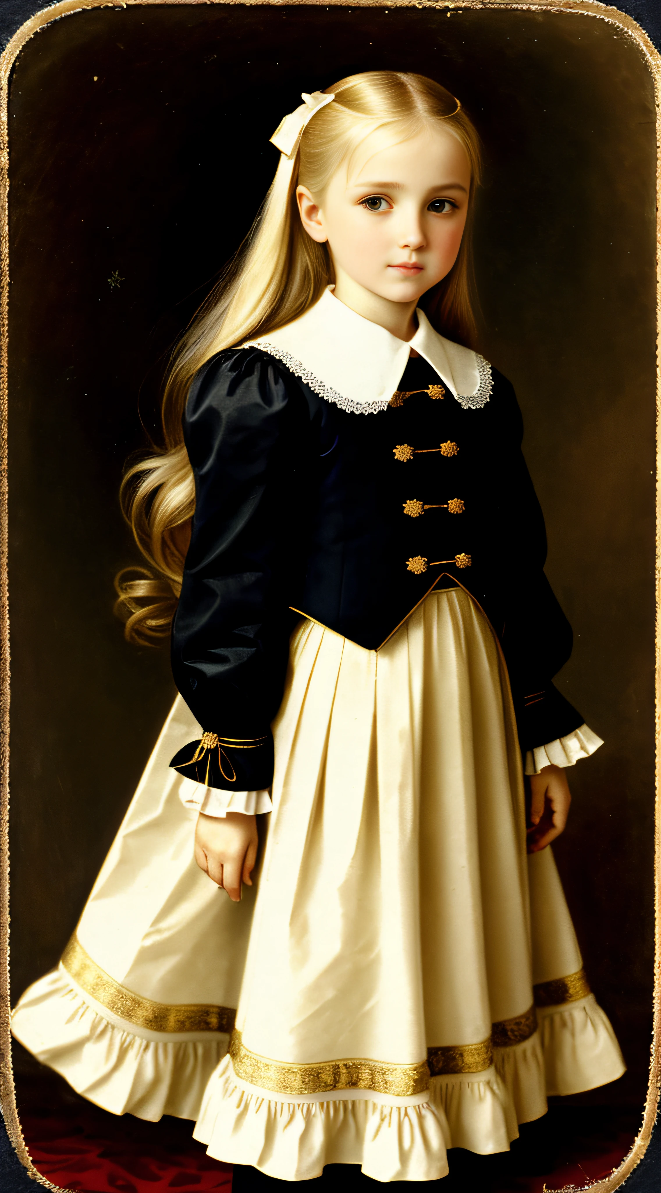 Russian, , Portrait , Long blonde hair and bow,Layered skirt,Noble,opulent,cropped shoulders