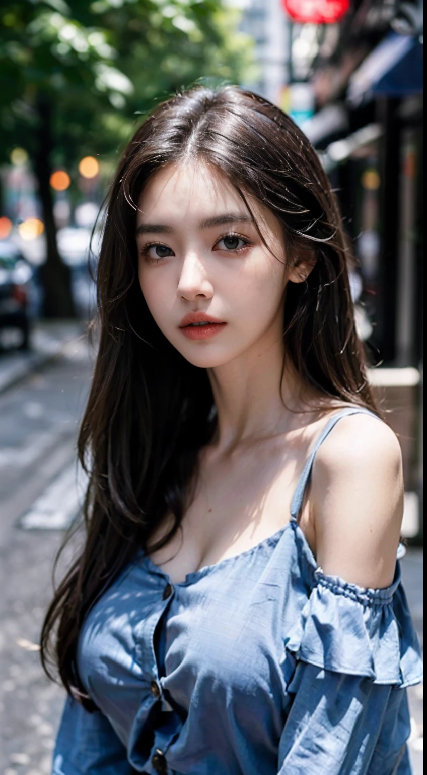 ((best qualtiy, 8k, tmasterpiece:1.3)), sharp:1.2, perfect figure beautiful woman:1.4, Slim abs:1.2, ((Layered Hair Style, huge tit:1.2)), (Soaked black button-down shirt:1.1),(Sateen,the street:1.2),Get wet:1.5,Highly detailed facial and skin texture,A detailed eye,二重まぶた