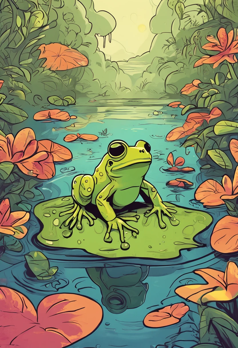 colorful illustrations, Frogs as humanoids, A warm and friendly smile lit up his face. His eyes were bright,Full of curiosity, Reflecting his playful and adventurous nature.