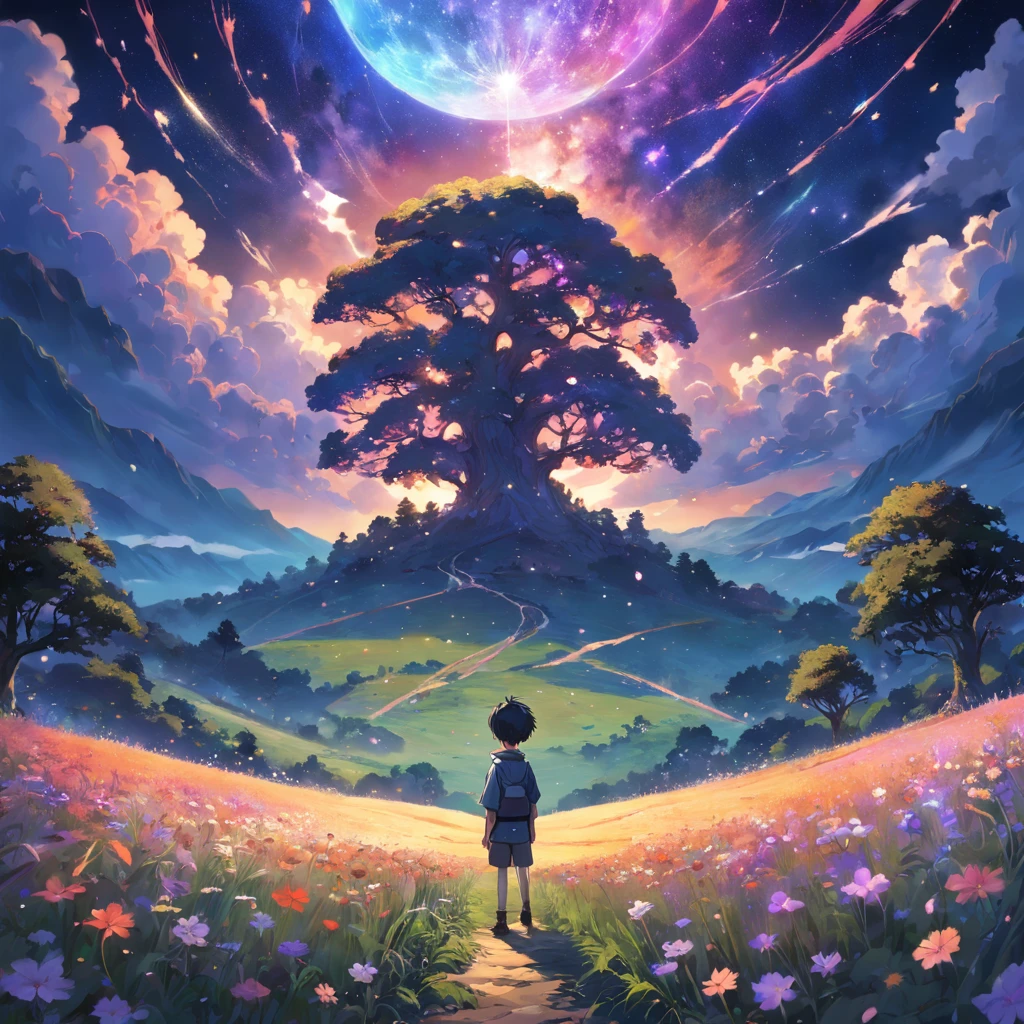 By Shinkai Makoto, Vast landscape photos , (a view from below that shows sky above and open field below), Boy standing in a flower field and looking up, (fullmoon:1.2), ( shooting stars:0.9), (nebulas:1.3), distant mountain, Tree Break Production Art, (Warm light source:1.2), (firefly:1.2), apples, lot of purple and orange, Intricate details, Volumetric Lighting BREAK (masutepiece:1.2), (Best Quality), 4K, Ultra-detailed, (dynamic compositions:1.4), Highly detailed, Colorful Detail,( Iridescent colors:1.2), (Glowing lighting, Atmospheric lighting), Dreamy, Magical, (Solo:1.2)