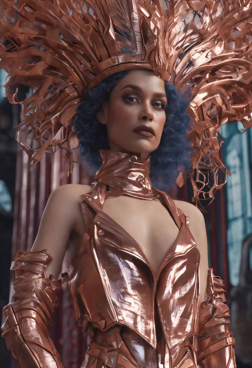 "3D printed model of a beauty in hyper-realistic leather outfit"