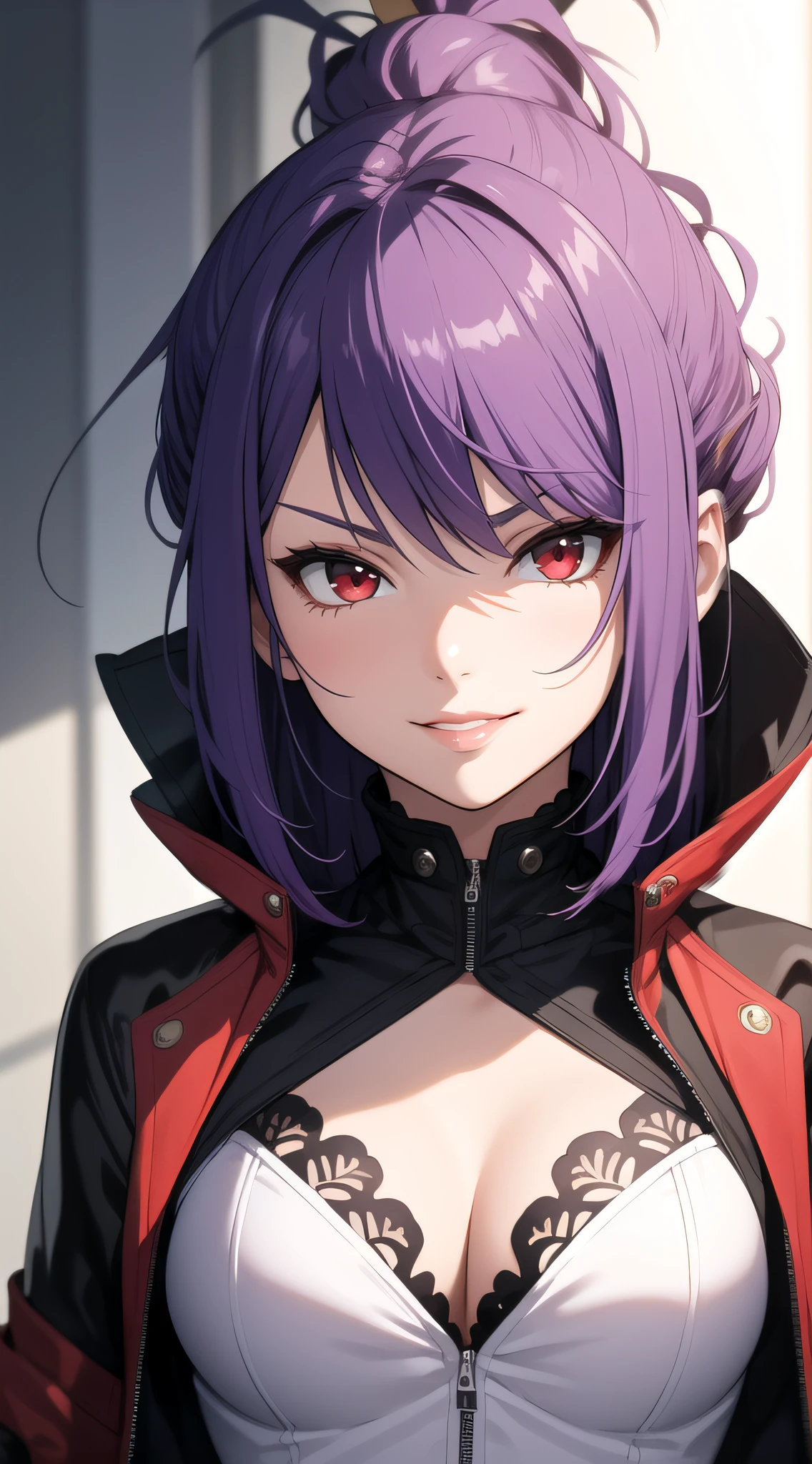 (masterpiece, best quality), intricate details, thin, ((slim)), beautiful girl, Purple hair tied up, white skin, dark red eyes, sharp jawline, crop jacket, messy hair, plump lips, upper body, close up, smirk
