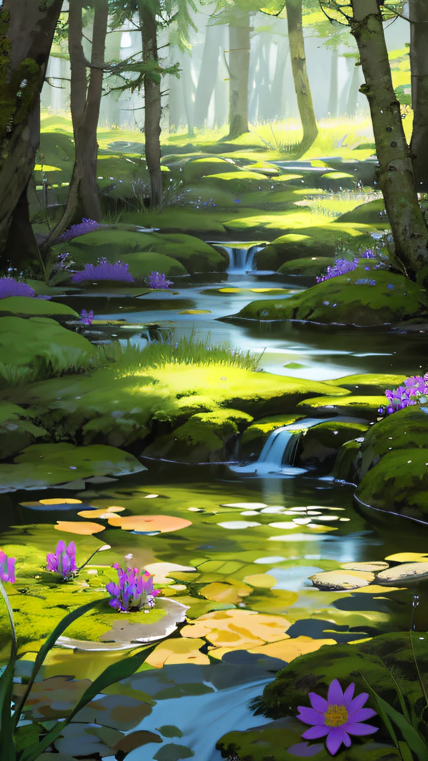 (Best quality)), (no photos of people), in the forest, frogs, quiet ponds, lots of wildflowers, creeks, stones, moss,