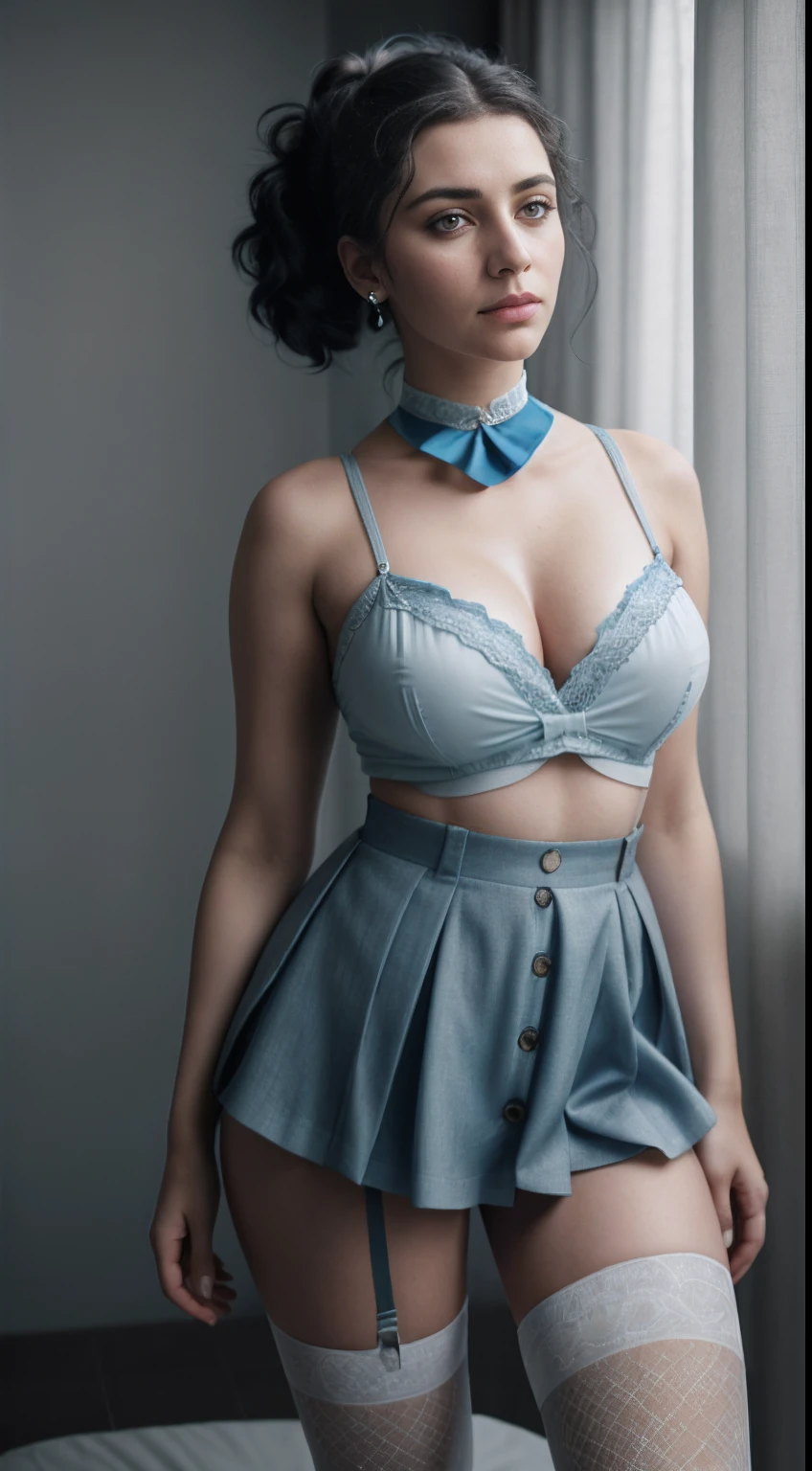 Full body of a Syrian WOMAN, blue curly hair, ponytail, white button up and baby blue pleated skirt, wear suspenders, big boobs, angry look, looking at viewer, in the bedroom , natural skin texture, 24mm, 4k textures, bright cinematic light, RAW photo, photorealism, photorealistic, intricate, elegant, highly detailed, sharp focus, ((((((cinematic look)))), soft tones, insane details, intricate details, hyperdetailed, low contrast, soft cinematic light, bright colors, exposure mix,  hdr, full body head to toe, wearing choker, thick thighs, over the knees socks