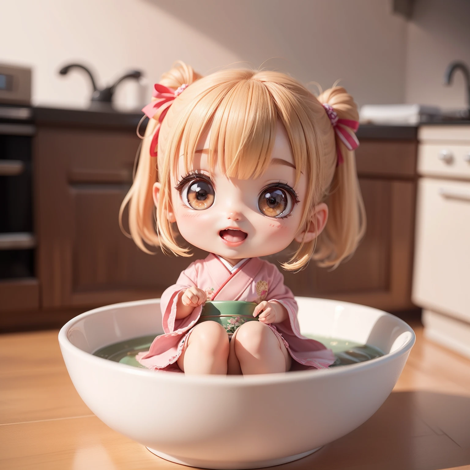 Cute  Chibi Anime,（（（Super masterpiece、top-quality、ultra-detailliert、女の子1人、Chibi：1.5））、Chibi Kitchen、Sit in a Japanese-style floral bowl、A detailed face、Smile with open mouth、a small face、fullllbody、（Chibi：1.4）、8ｋ
Face sitting
Waiting to start
