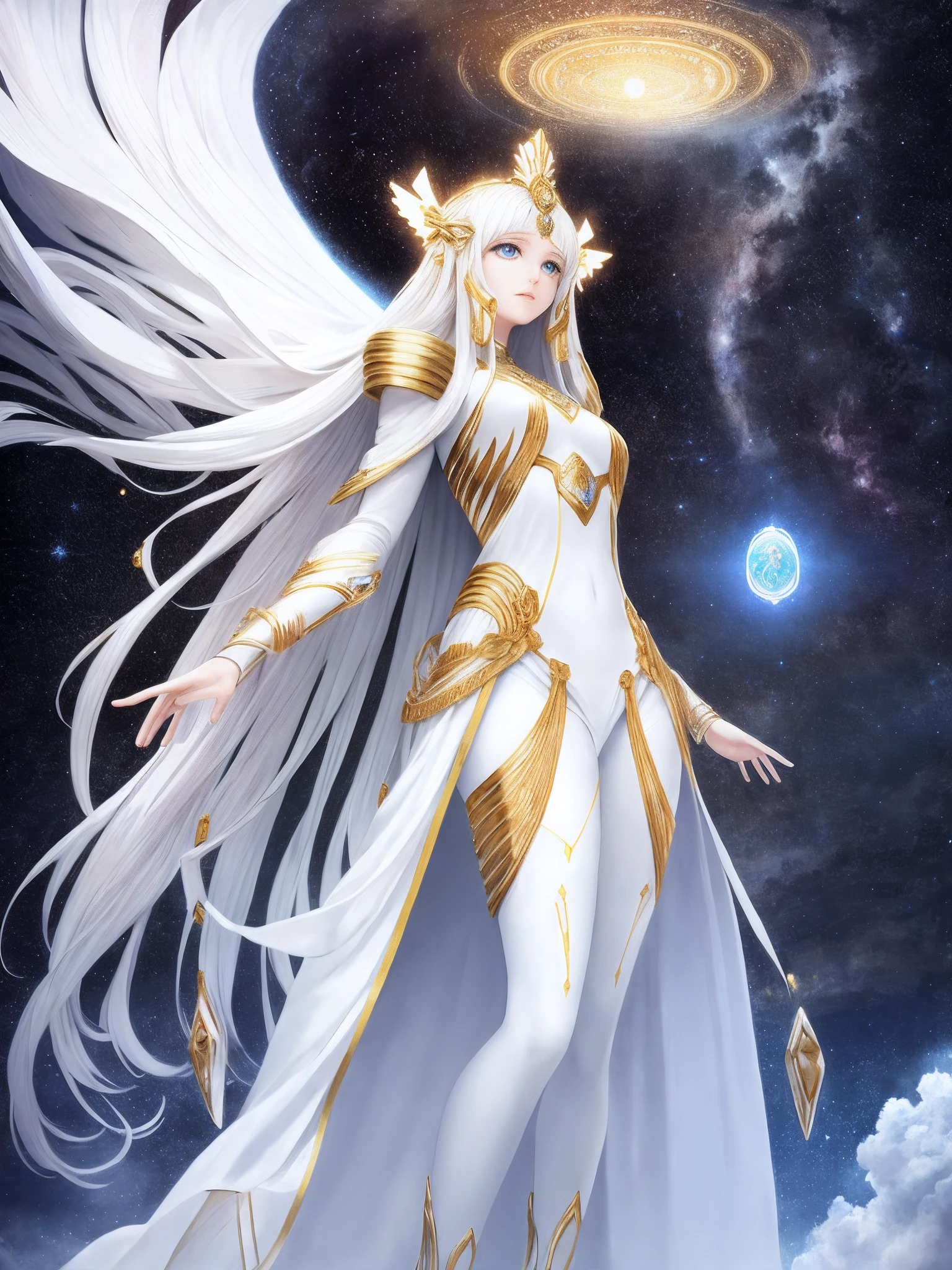 Theana, Light Goddess, Celestial, White suit, Heaven, Child, a giant Colossus at the background