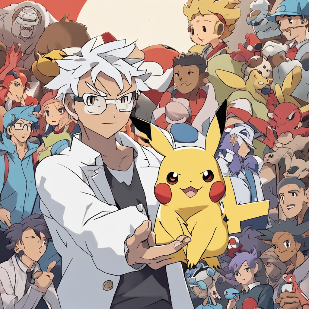 Anime Pokemon, Mundo Pokemon, Professor Oak, com oculos, barba branca, cabelo bege, jaleco branco, in his right hand holding a Master ball, great quality, qualidade de anime, Cell overlay.