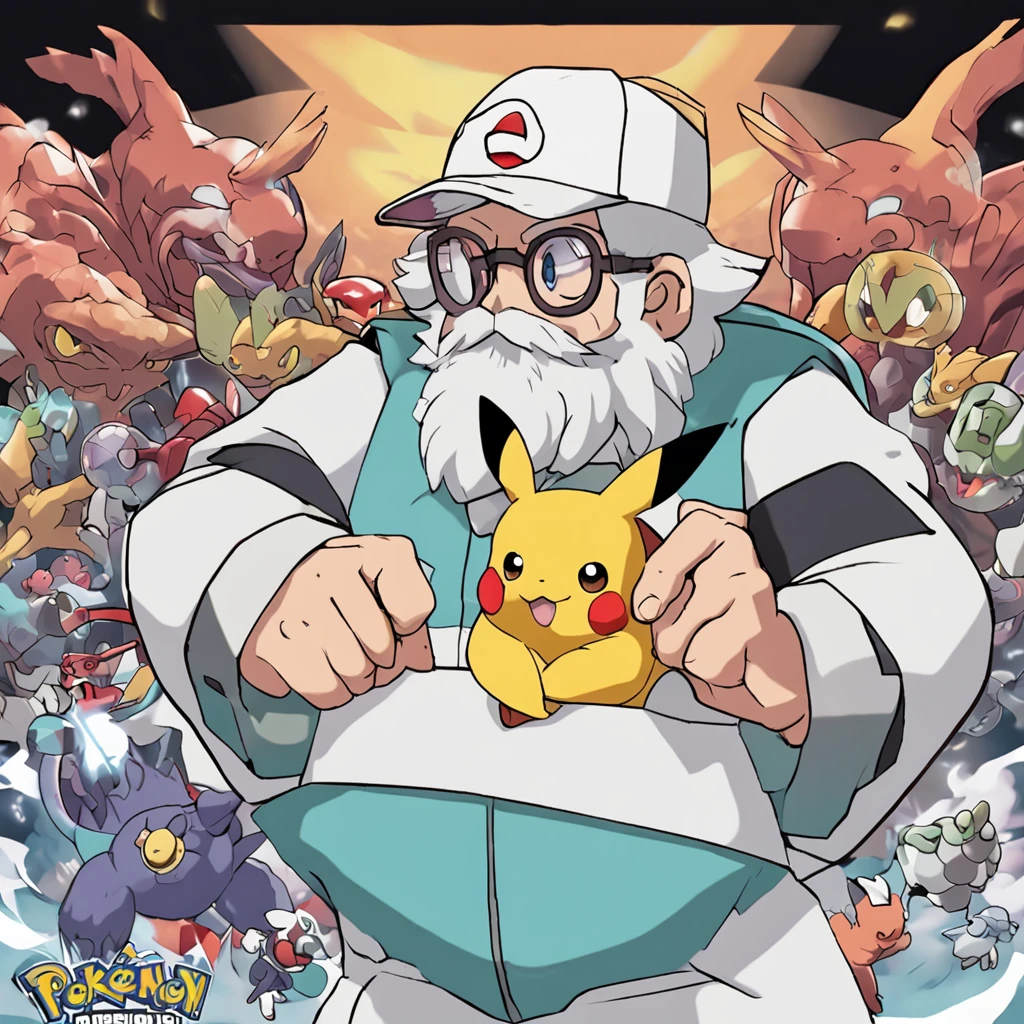 Anime Pokemon, Mundo Pokemon, Professor Oak, com oculos, barba branca, cabelo bege, jaleco branco, in his right hand holding a Master ball, great quality, qualidade de anime, Cell overlay.