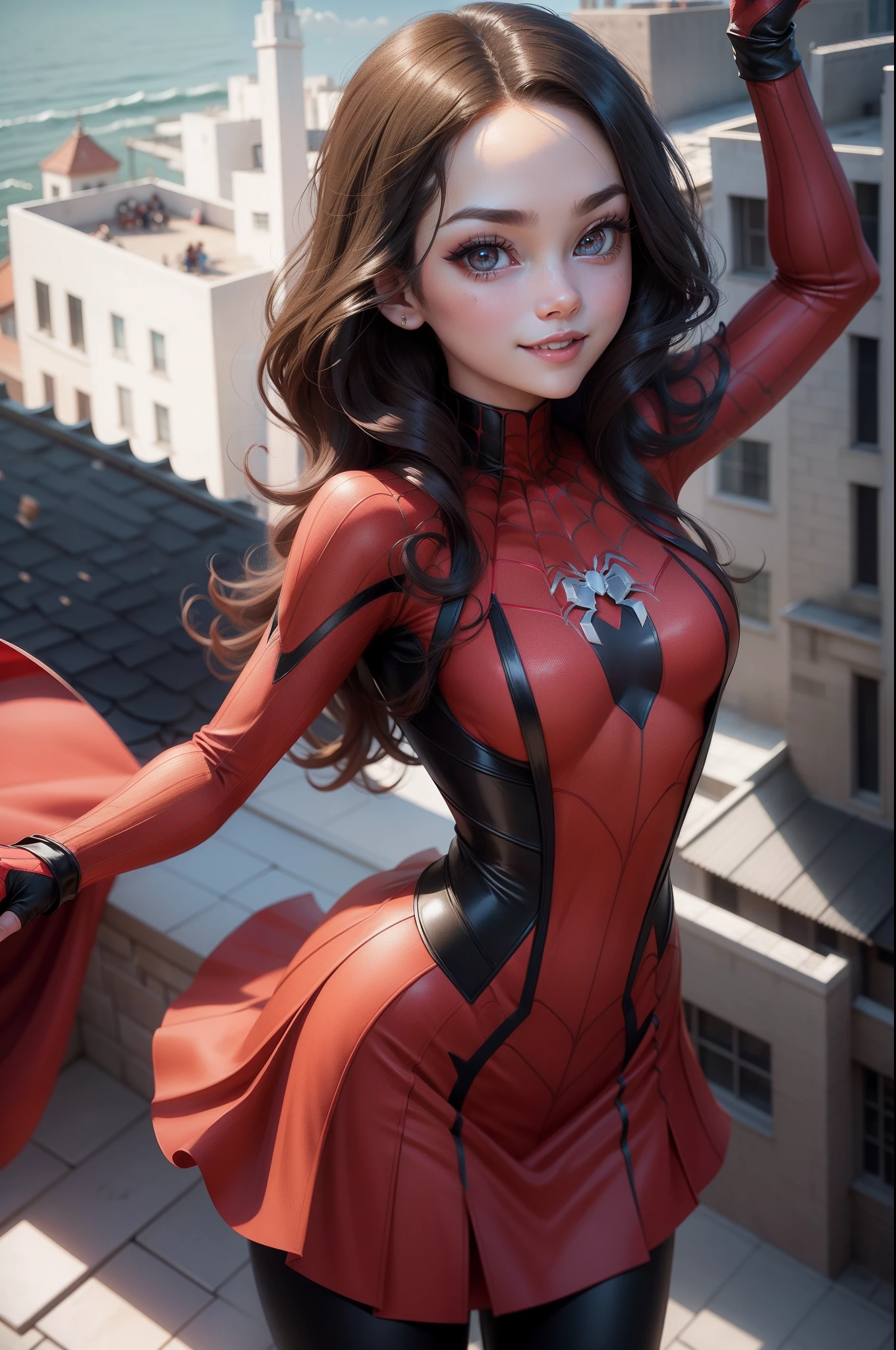 Spider-Manverse-like style、Young American Woman、Standing on the roof of a building、Red dress flutters in the wind、、Sophisticated illustrations、Big eyes、Transparent eyes、Beautiful makeup、long eyeslashes、A smile、Smile、、Solo Photography、beatiful detailed eyes、vertical stripes imagem 4k 超A high resolution、Overall photo