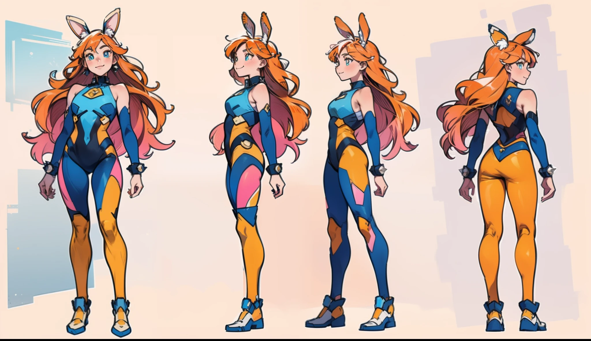 masterpiece:1.2, best quality), 1woman, cute face, big eyes, round cubby cute face, smile, long legs, full body, adult mature female (spiky orange-pink hair, (orange-pink mullet 1.1)), (very long hair), blue eyes, (white/yellow pupil,) hero, sleeveless blue spandex bodysuit, long orange-pink rabbit ears, bodysuit ((masterpiece)), (((best quality))), (character design sheet, same character full body, front, side, back), Illustration, hair color, bangs, hair fax, eyes, environment change, pose kota, female, game design character sheet for 2d scrolling game, point and click adventure game character, full body, model sheet turnaround, full color, two thirds wiew, front::4 view and back view, vtuber model sheet