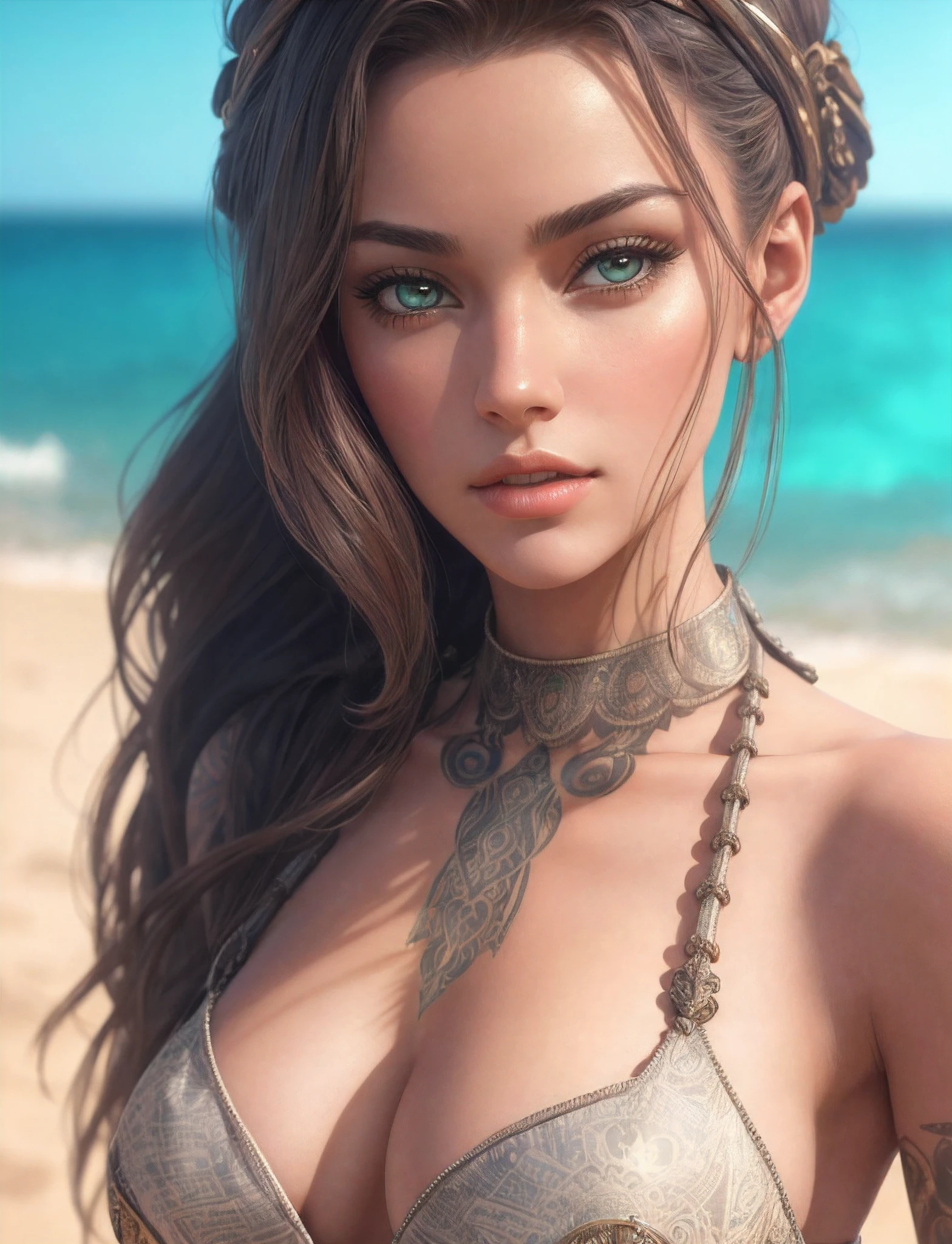 Waist high Portrait of an exotic beautiful caucasian woman wearing trendy clothing at a beach, perfect detailed face, detailed symmetric hazel eyes with circular iris, realistic, stunning realistic photograph, 3d render, octane render, intricately detailed, cinematic, trending on artstation, Isometric, Centered hipereallistic cover photo, awesome full color, hand drawn, dark, gritty, mucha, klimt, erte 12k, high definition, cinematic, neoprene, behance contest winner, portrait featured on unsplash, stylized digital art, smooth, ultra high definition, 8k, unreal engine 5, ultra sharp focus, intricate artwork masterpiece, ominous, epic, TanvirTamim, trending on artstation, by artgerm, h. r. giger and beksinski, highly detailed, vibrant