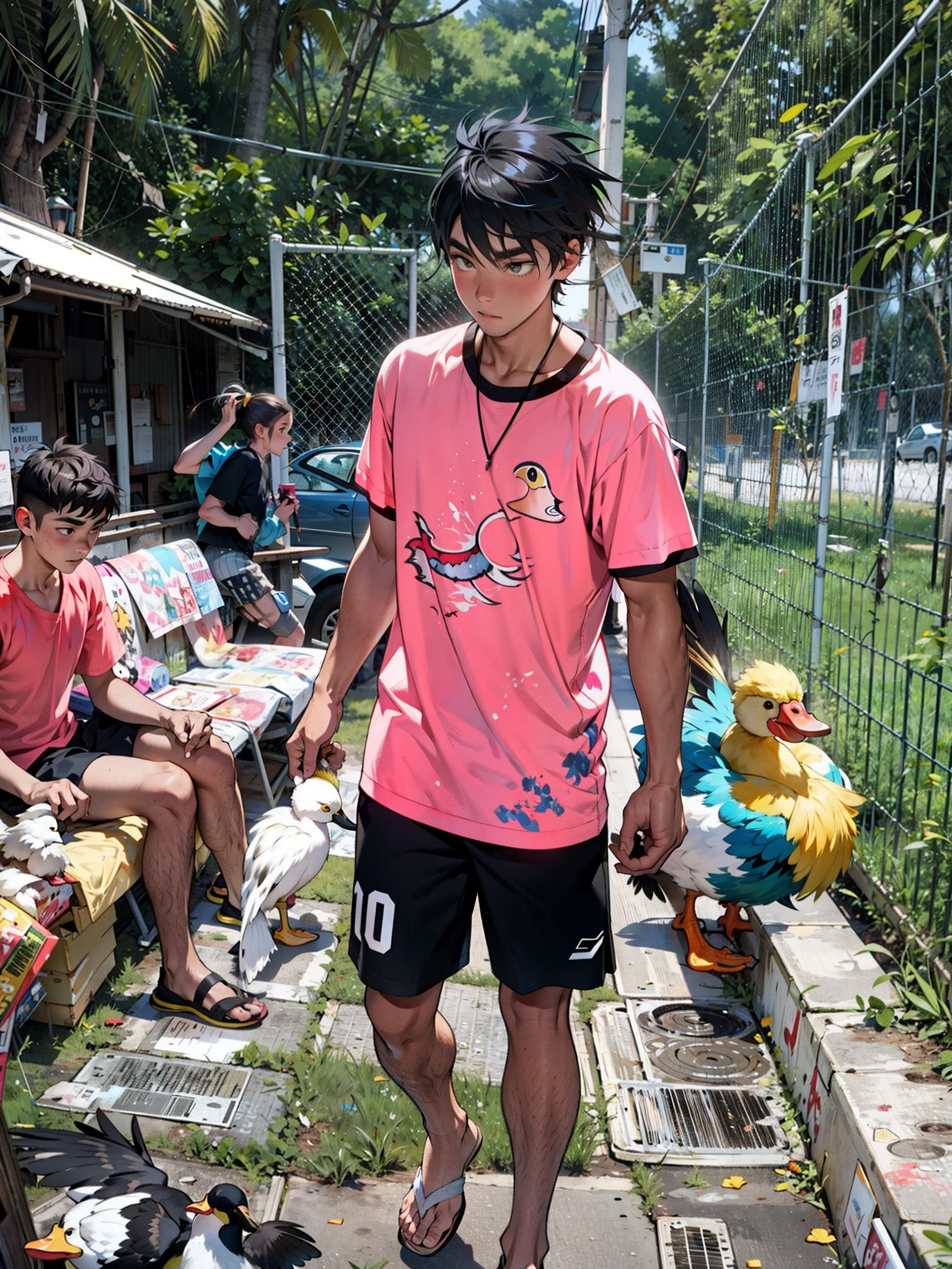 A boy, duck hybrid, messy long white hair, with yellow locks, confused expression, white shirt and shorts, duck feathers and ducktail