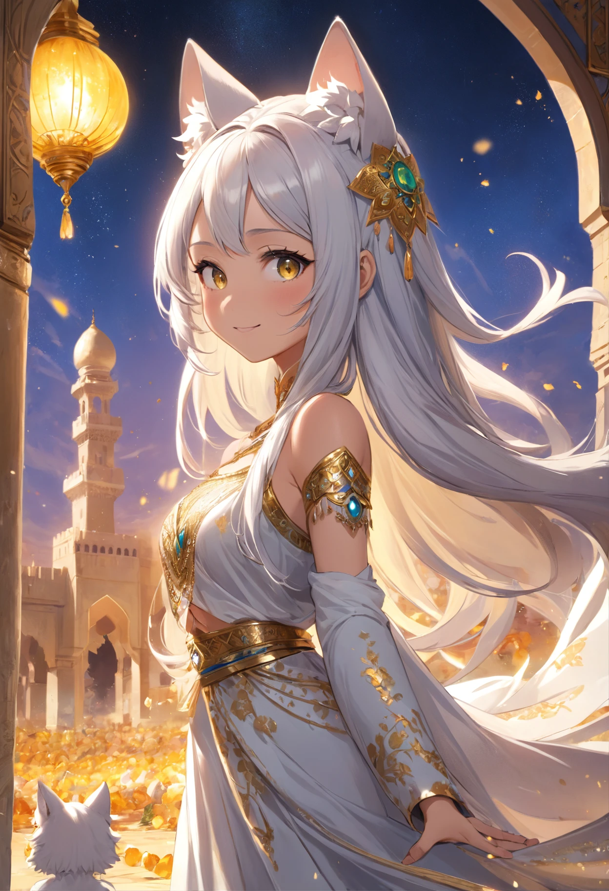 (Masterpiece), (best quality), hight resolution, ultra-detailed, (hyper detailed background, Detailed background), highly detailed, photorealistic, 1 beautiful and gorgeous girl, (cat ears), off-shoulder, North African Islam, Alhambra palace, (Islamic Africa:1.2), Colorful, in desert, Long Long Platina Bond Shining Hair, Big yellow crystal eyes, smile, ((dancing Arabian dance)), light, broken glass, a girl with a pet lion, (shining brightly), ((dazzling)), (floating a lot of flower petals, ((3D)),