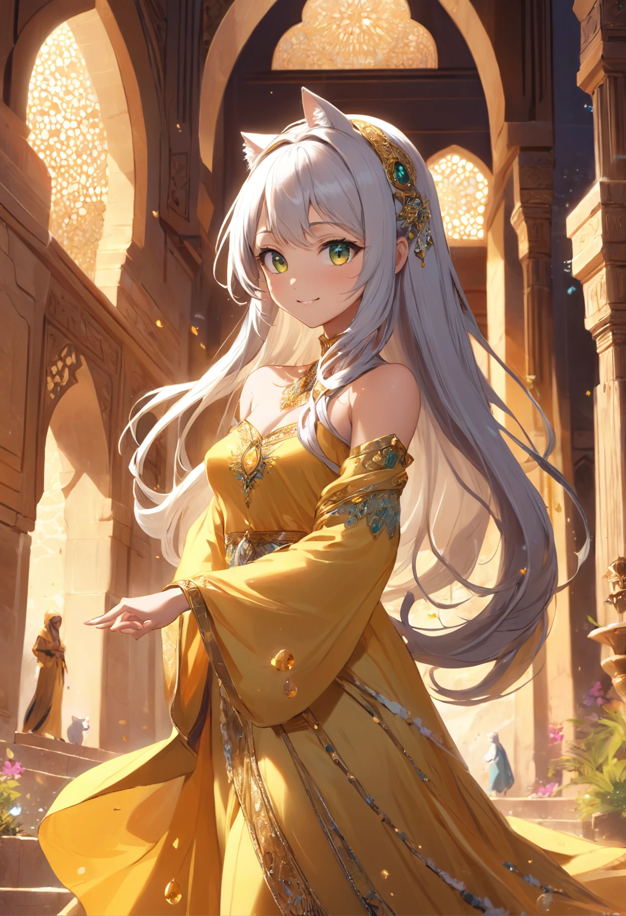 (Masterpiece), (best quality), hight resolution, ultra-detailed, (hyper detailed background, Detailed background), highly detailed, photorealistic, 1 beautiful and gorgeous girl, (cat ears), off-shoulder, North African Islam, Alhambra palace, (Islamic Africa:1.2), Colorful, in desert, Long Long Platina Bond Shining Hair, Big yellow crystal eyes, smile, ((dancing Arabian dance)), light, broken glass, a girl with a pet lion, (shining brightly), ((dazzling)), (floating a lot of flower petals, ((3D)),