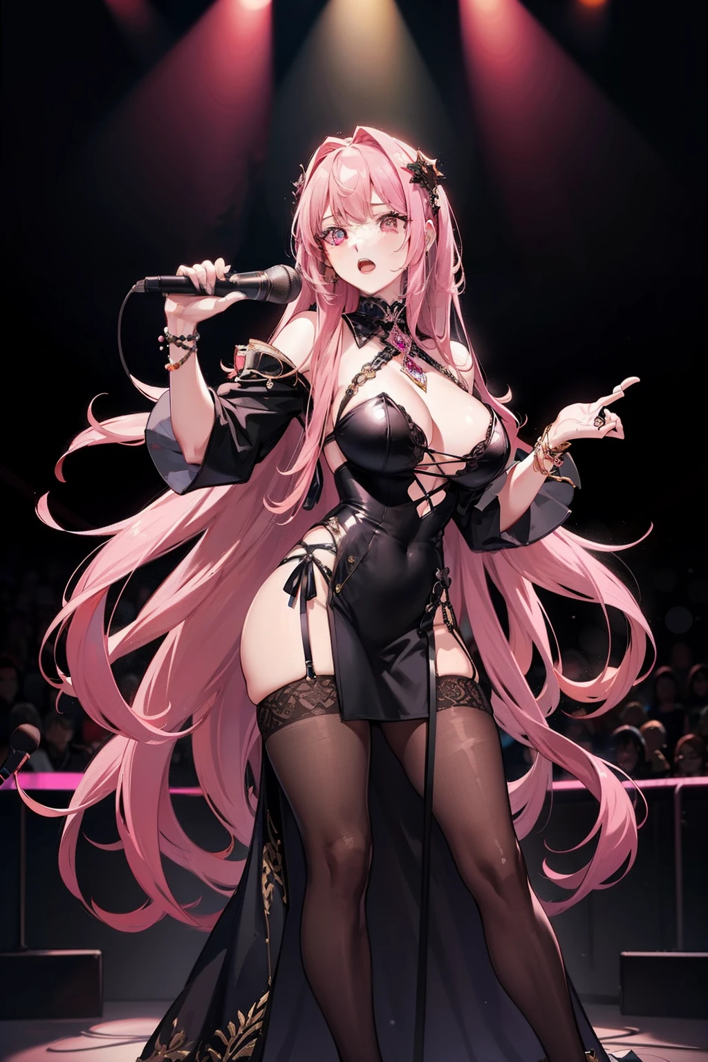 tmasterpiece,High picture quality,Beautuful Women,a pregirl,Temperament,self-assured,(Pink Long Hair),(Black bandeau dress),Bare chest,huge tit,holding microphone in hand,Concert,On stage,Singing,spotlight lights