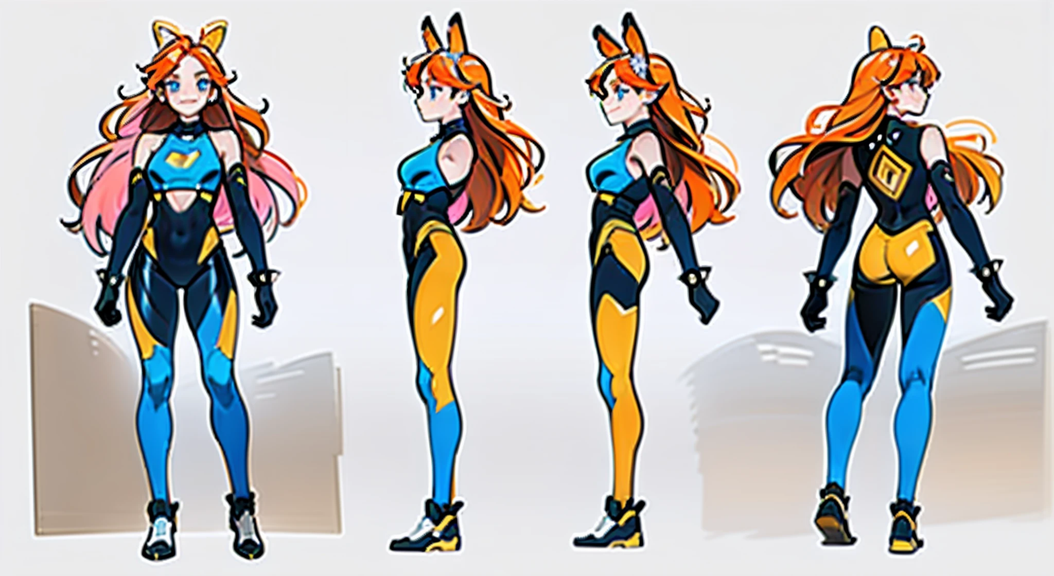 (masterpiece:1.2, best quality), 1woman, cute face, big eyes, round cubby cute face, smile, long legs, full body, adult mature female (spiky orange-pink hair, (orange-pink mullet 1.1)), (very long hair), blue eyes, (white/yellow pupil,) hero, sleeveless blue spandex bodysuit, long orange-pink rabbit ears, bodysuit ((masterpiece)), (((best quality))), (character design sheet, same character full body, front, side, back), Illustration, hair color, bangs, hair fax, eyes, environment change, pose kota, female, game design character sheet for 2d scrolling game, point and click adventure game character, full body, model sheet turnaround, full color, two thirds wiew, front::4 view and back view –v 4 –ar 3:2