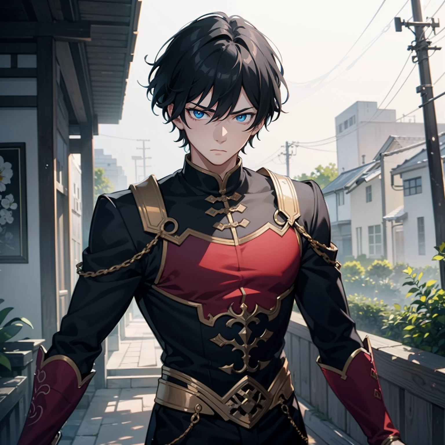 A boy，Black color hair，blue color eyes，Handsome，Chinese elements，The expression is serious ,In the yard.Illustration anime style，Dark 4K, hyper HD, Masterpiece