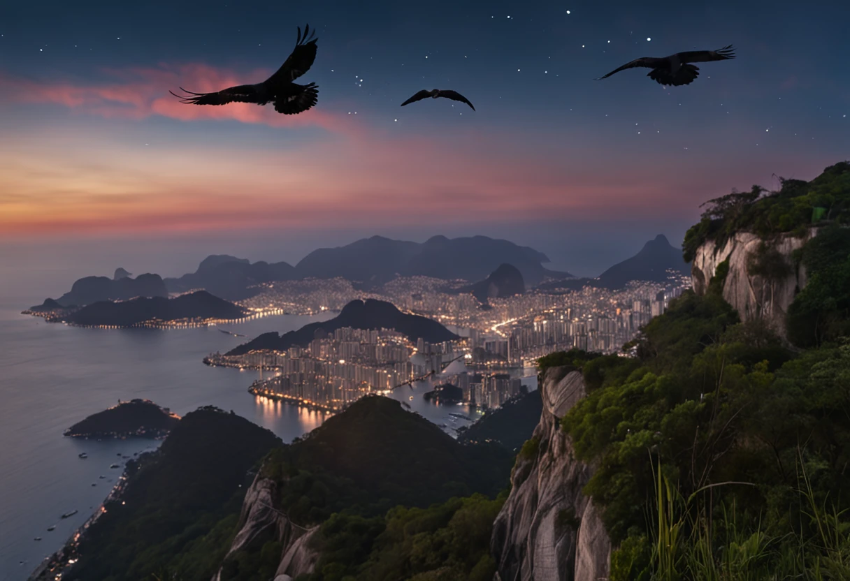 some vultures flying in circles on the edge of the cliff, flying over the hill of Vista Chinesa in the background Rio de Janeiro, lights, Dark night, with many shadows, stars and full moon in the sky and many trees descending the cliff