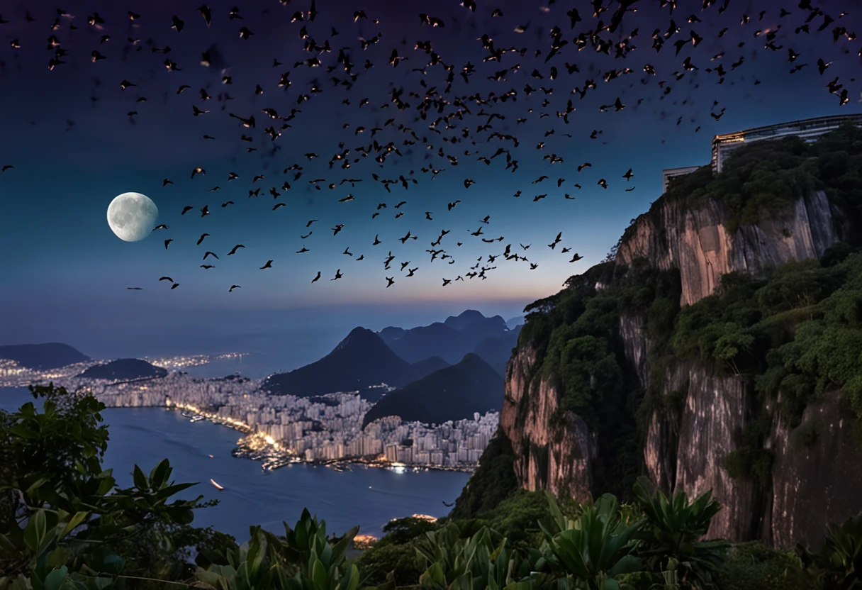 some vultures flying in circles on the edge of the cliff, flying over the hill of Vista Chinesa in the background Rio de Janeiro, lights, Dark night, with many shadows, stars and full moon in the sky and many trees descending the cliff