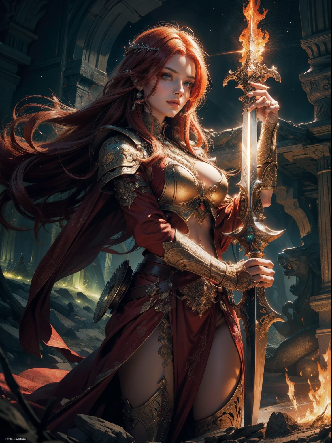 high details, best quality, 8k, [ultra detailed], masterpiece, best quality, (extremely detailed), full body, ultra wide shot, photorealistic, fantasy art, dnd art, rpg art, realistic art, an ultra wide picture of a female human (1.5 intricate details, Masterpiece, best quality) sword of fire  ((fiery radiant aura)), controlling a sword red (1.5 intricate details, Masterpiece, best quality), [[divine symbols]] (1.5 intricate details, Masterpiece, best quality), human female, red  hair, long hair with aura, hair with green radiant eyes, intense eyes, ((radiant eyes)), (( green glowing eyes)), iron armor, fantasy volcano back ground, stresms of lava,  celestial  background, ((divine worship atmosphere)), high details, best quality, highres, ultra wide angle