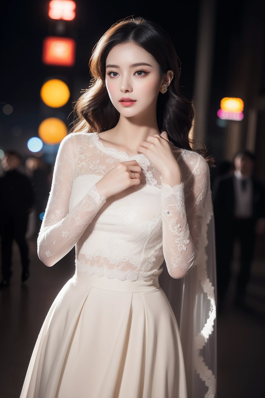 8K，tmasterpiece，RAW photos，best qualtiy，the detail：1.2），hentail realism，Very detailed CG unified 8k，8K，Diamonds and wallpapers，depth of fields，Motion picture film light，Lens flash，Light Tracking，（very pretty look face，beautifullips，beautidful eyes），intricate detail face，（（Hyper detailed skin））1girll，Korean female model，Dark night in the dark，deepshadow，Pretty Korean girl，Kpop idol，（Very slim and slender muscular body：1.3），（View the audience），（Tight miniskirt），（Red dress），（Injection sleeve），（City Night，（neon lights sign），（the night），Beautiful Korean girl earrings，bangle，choker necklace，Lace-up pantyhose，Clear  eyes，Walk，（paleskin），Face forward，（largeeyes），（（upperbody shots）），tightly dress，Silk dress，Lace-up dress，see through dresses，Turning around，back shots，Very slim，slander，slander