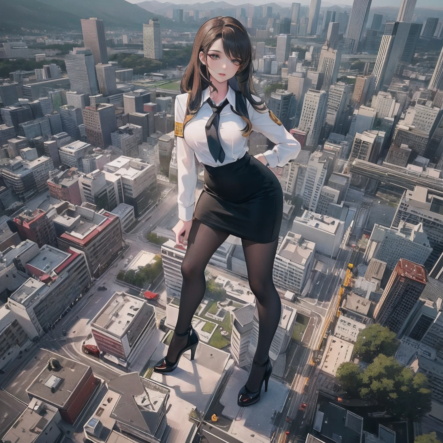 tallgts,Giantess，Full body photo，Building seating,School uniforms，Big breasts，pencil skirts，black lence stockings，stiletto，(Long legs:1.2),Extremely tall girl，Beautiful looks，Delicatemakeup，Perfect lighting，Cinematic quality，8K,High quality,(GTS:1.5),Aerial view，With tiny,Group,Gtscity，perfectly proportioned, Cinematic lighting, filmgrain, Fuji colors, lightand shade contrast, 8K, Textured skin, Super detail, high detal, High quality, A high resolution,