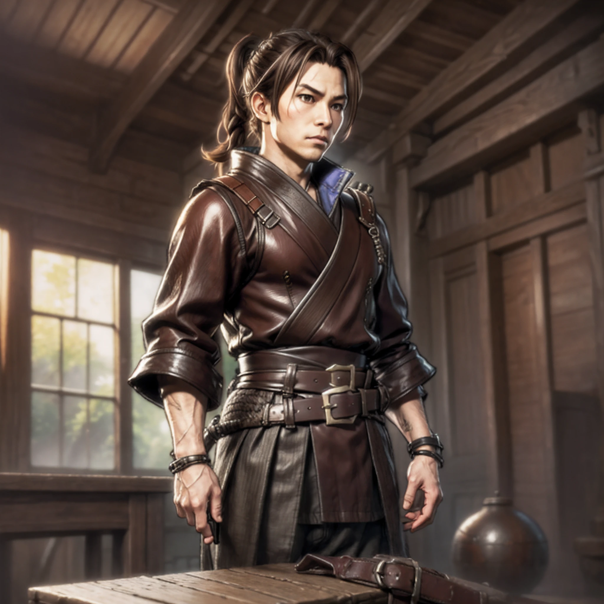 Game Art design, Octopath Traveler 2, 1boy, hikari ku, (solo:1.4), brown hair, ponytail, samurai warrior wearing a katana on his waist belt, japanese clothes with ornaments, yoroi, extremely detailed face and eyes, absurdes