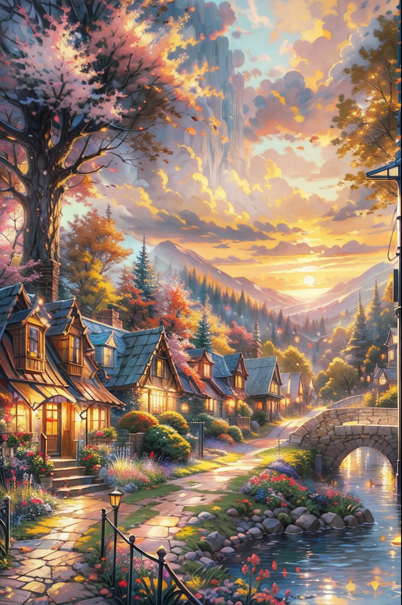 Thomas Kinkade style watercolor painting of a beautiful village in the middle of an enchanted forest, on a beautiful sunset day.
