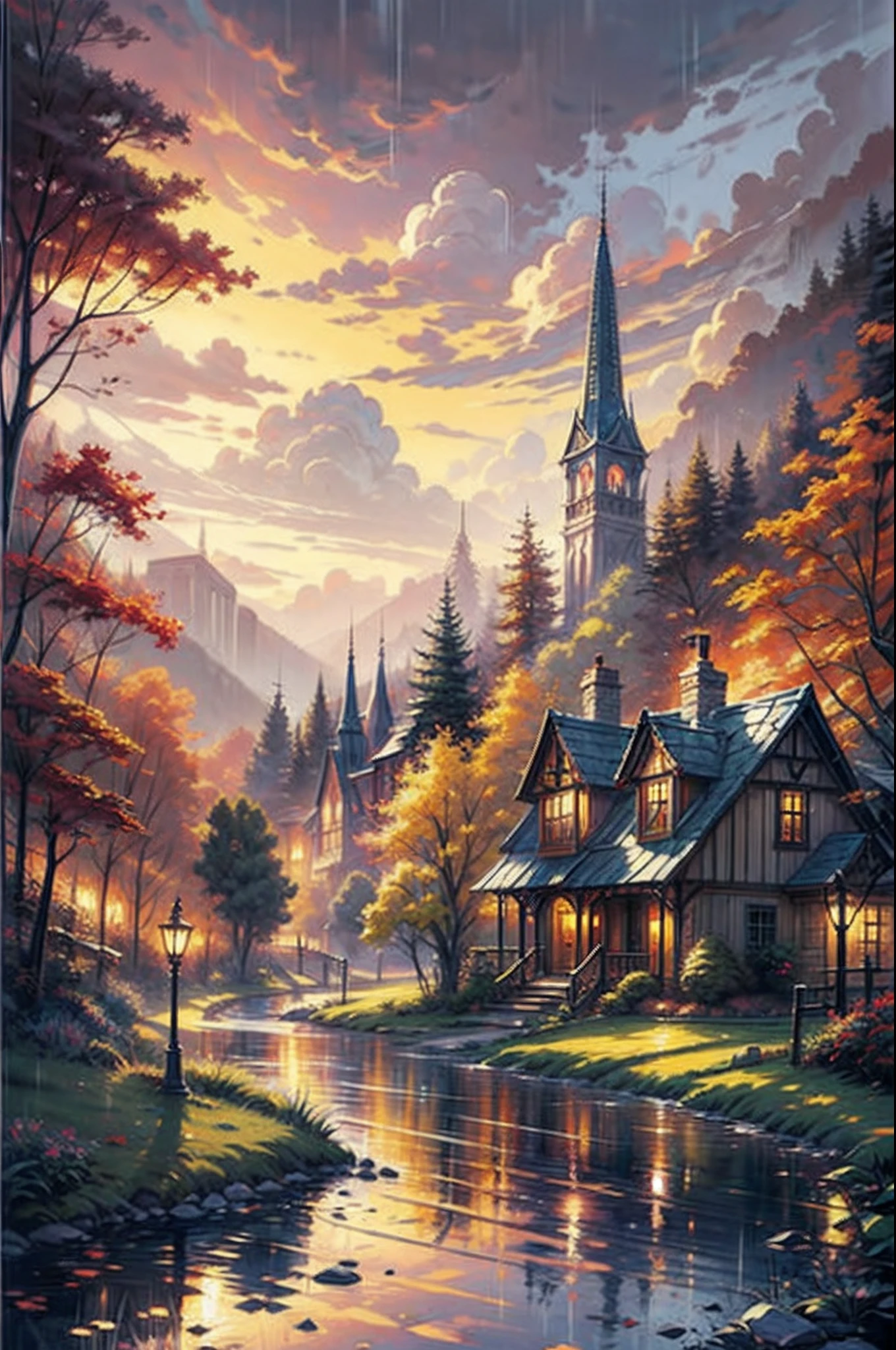 Thomas Kinkade style watercolor painting of a beautiful village in the middle of an enchanted forest, on a beautiful rainy day, sunset, HD,