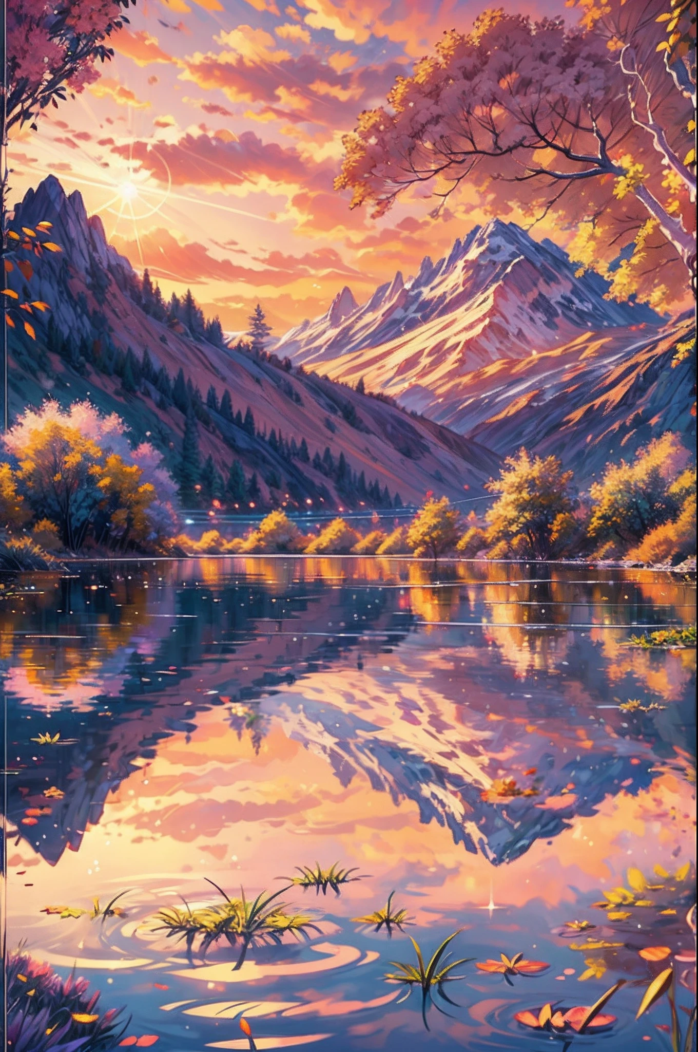 1girl, serene expression, mesmerizing eyes, straight long hair, flowing dress, poised posture, porcelain skin, subtle blush, crystal pendant BREAK golden hour, (rim lighting):1.2, warm tones, sun flare, soft shadows, vibrant colors, painterly effect, dreamy atmosphere BREAK scenic lake, distant mountains, willow tree, calm water, reflection, sunlit clouds, peaceful ambiance, idyllic sunset, ultra detailed, official art, unity 8k wallpaper , zentangle, mandala