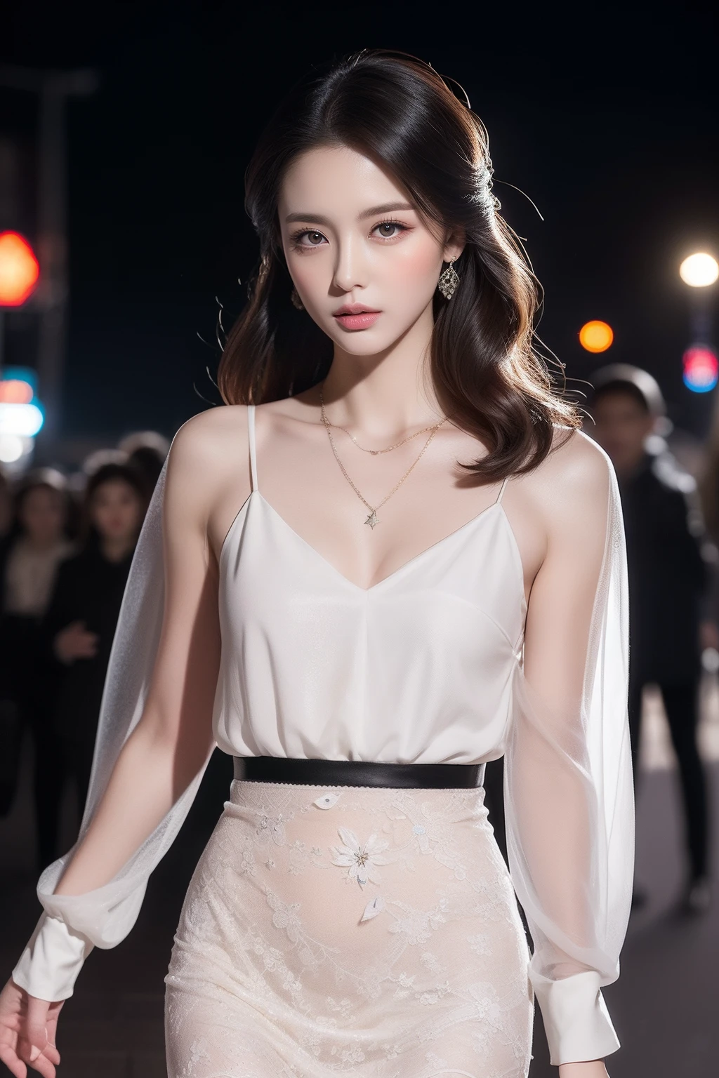 (8k，A high resolution，Photographic detail light，动态照明，realisticlying，Very detailed faces，Very detailed figure，Full body photo，poster for，intricately details)
flashing lights：On the streets at night，Neon lights illuminate the heroine's face，Make her like a star in the night sky。
Tight black stockings：The delicate black stockings cling to the heroine's slender legs，The details reveal a sensual and elegant temperament。Lace skirt：The delicate texture of lace makes the skirt even more glamorous，The delicate pattern perfectly blends with the heroine，Exudes an irresistible allure。
White color blouse：The close-fitting white shirt brings the slender figure of the heroine to life，At the same time, it also shows her competence and fashion taste。
Soft light：The light in the background shines through the veil covered by the heroine，Sprinkle on her skin，Creates a tenderness、Dreamy atmosphere。
Carefully dressed makeup：The heroine's face is delicate，Highlight her beautiful facial features with delicate makeup，The eye makeup is deep and full of charm，Slightly seductive。
 Accessory embellishments：The heroine's wrist shines with several thin chains of sterling silver，Paired with a gorgeous watch，Embellish her noble temperament。
Take a confident step：The heroine while walking on the street，Tall and confident，Her every step exudes an irresistible charm