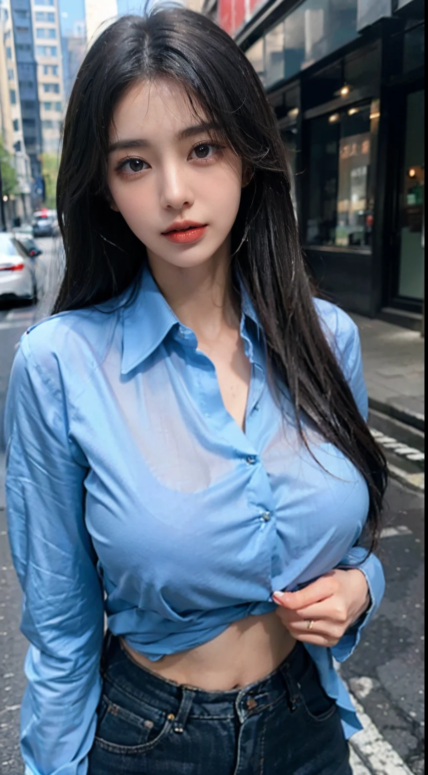 ((best qualtiy, 8k, tmasterpiece:1.3)), sharp:1.2, perfect figure beautiful woman:1.4, Slim abs:1.2, ((Layered Hair Style, huge tit:1.2)), (Wet button long shirt:1.1),(Sateen,the street:1.2),Get wet:1.5,Highly detailed facial and skin texture,A detailed eye,二重まぶた