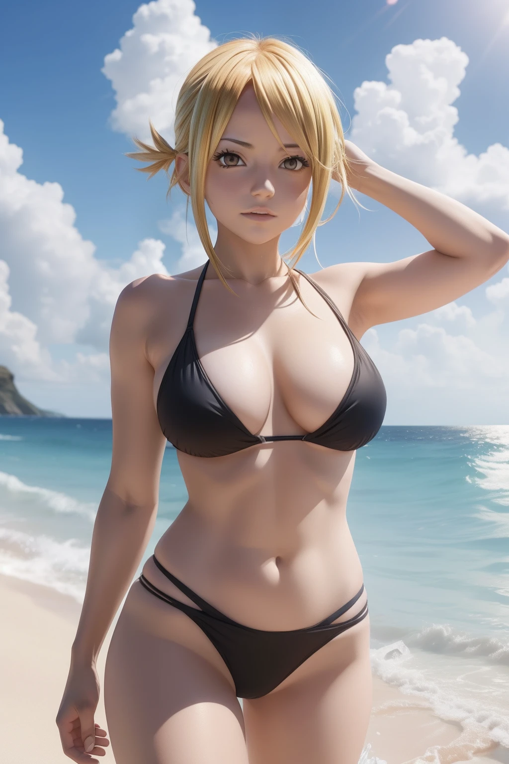 Lucy Heartfilia topless with Natsu Dragneel in swimsuit