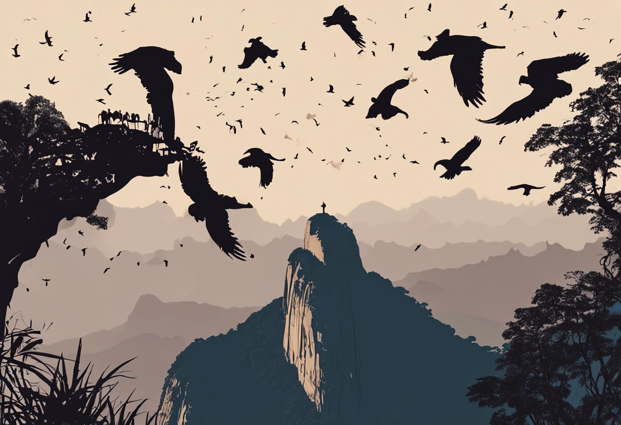 some vultures flying in circles on the edge of the cliff, flying over the Vista Chinesa hill in the background Rio de Janeiro, Christ the Redeemer, Corcovado, lights, Dark night, with many shadows, stars and full moon in the sky and many trees descending the cliff