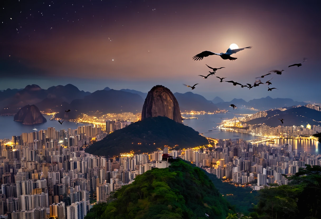 some vultures flying in circles on the edge of the cliff, flying over the Vista Chinesa hill in the background Rio de Janeiro, Christ the Redeemer, Corcovado, lights, Dark night, with many shadows, stars and full moon in the sky and many trees descending the cliff