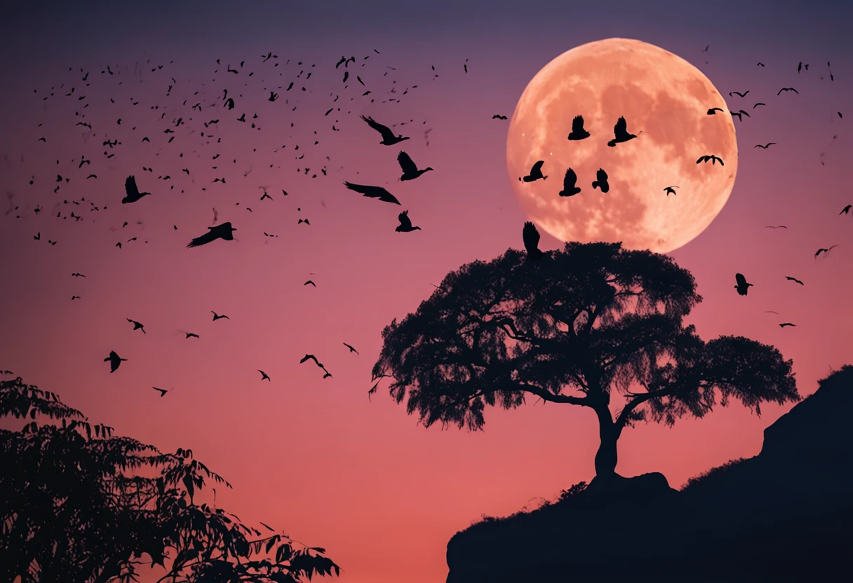 some vultures flying in circles on the edge of the cliff, flying over the Vista Chinesa hill in the background Rio de Janeiro, Christ the Redeemer, Corcovado, lights, Dark night, with many shadows, stars and full moon in the sky and many trees descending the cliff