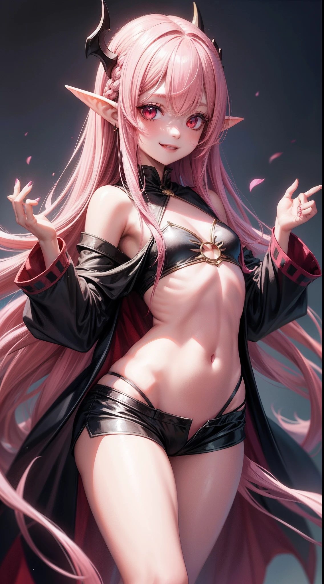 Young girl, long pink hair, elf ears, red eyes, pink lipstick, madness smile, small breasts, open shoulders, open belly, black robe, long sleeves, claws, shorts, masterpiece, high quality