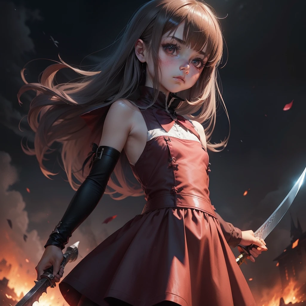 Anime girl small with a square in a dress in blood with a sword evil 1963