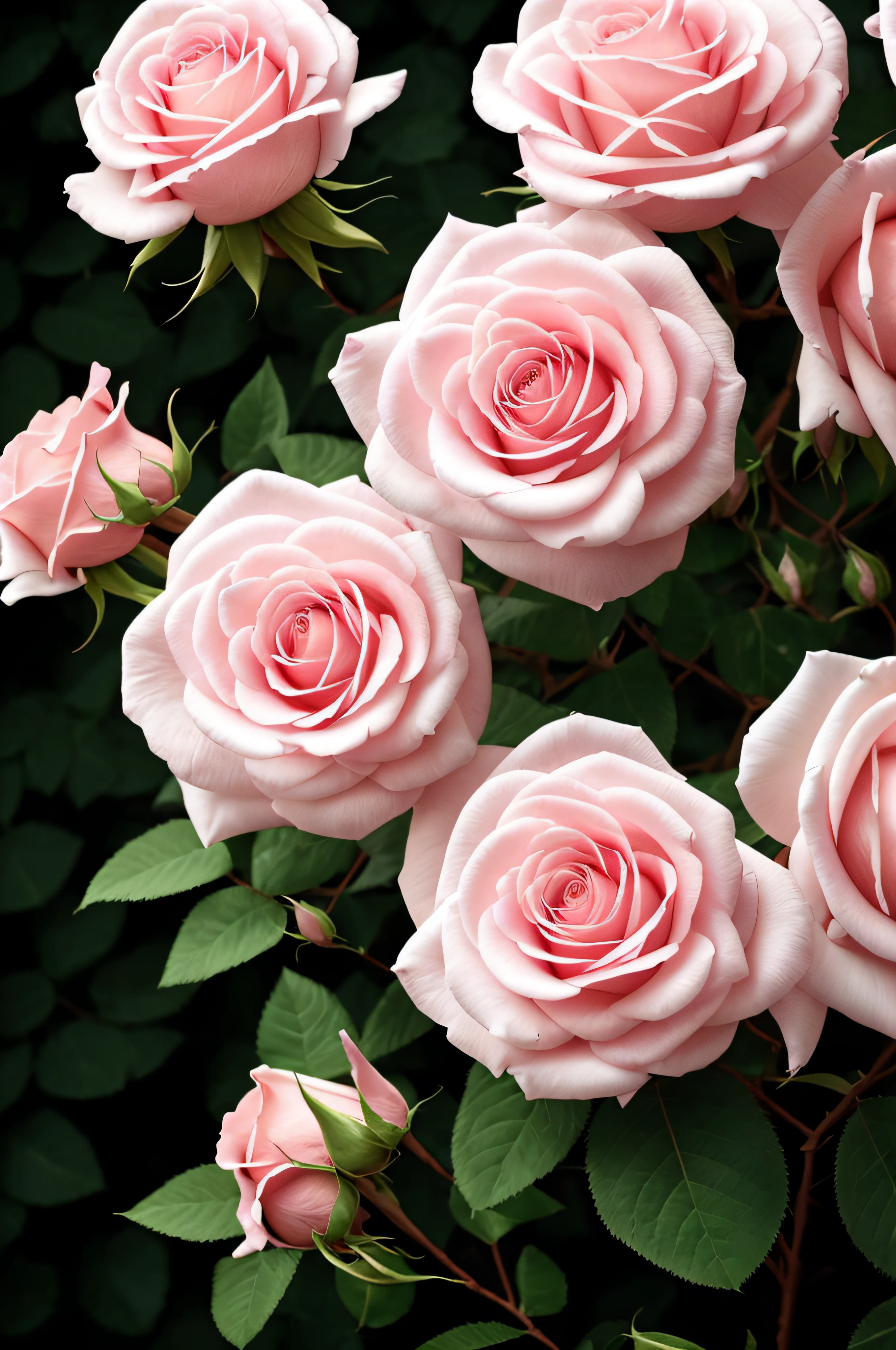 there are many pink and white roses growing on a bush, roses in cinematic light, rose garden, huge blossoms, beautiful flowers growing, rose-brambles, roses, beautiful aesthetic, beautiful large flowers, incredibly beautiful, light pink tonalities, with soft bushes, soft glow, beautiful flowers, full bloom, flowers blooming, many peonies, lots of flowers