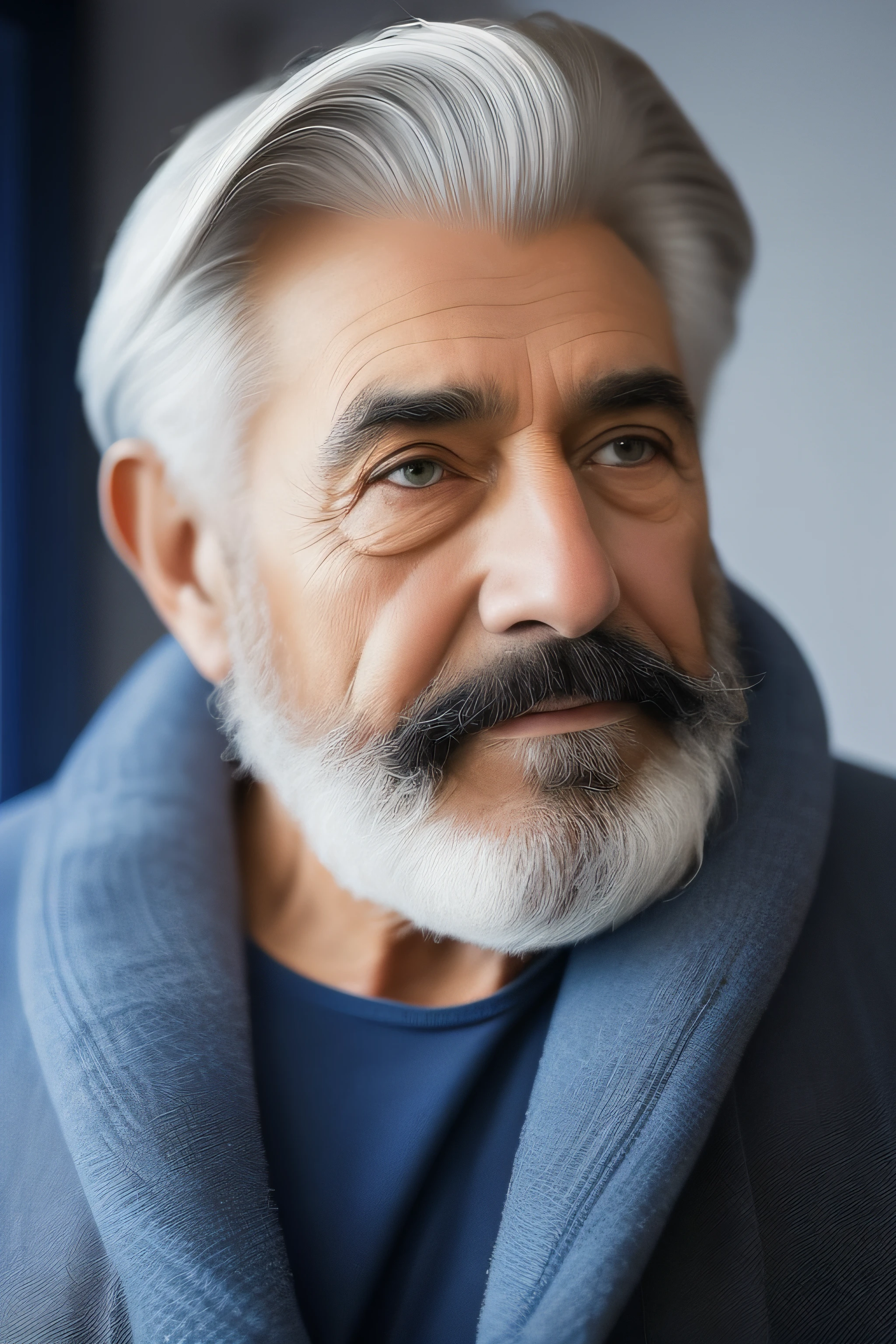 Crie uma imagem de um homem ocidental, com idade aproximada de 55 anos, careca, com barba estilo lenhador, usando um terno, de cor azul marinho