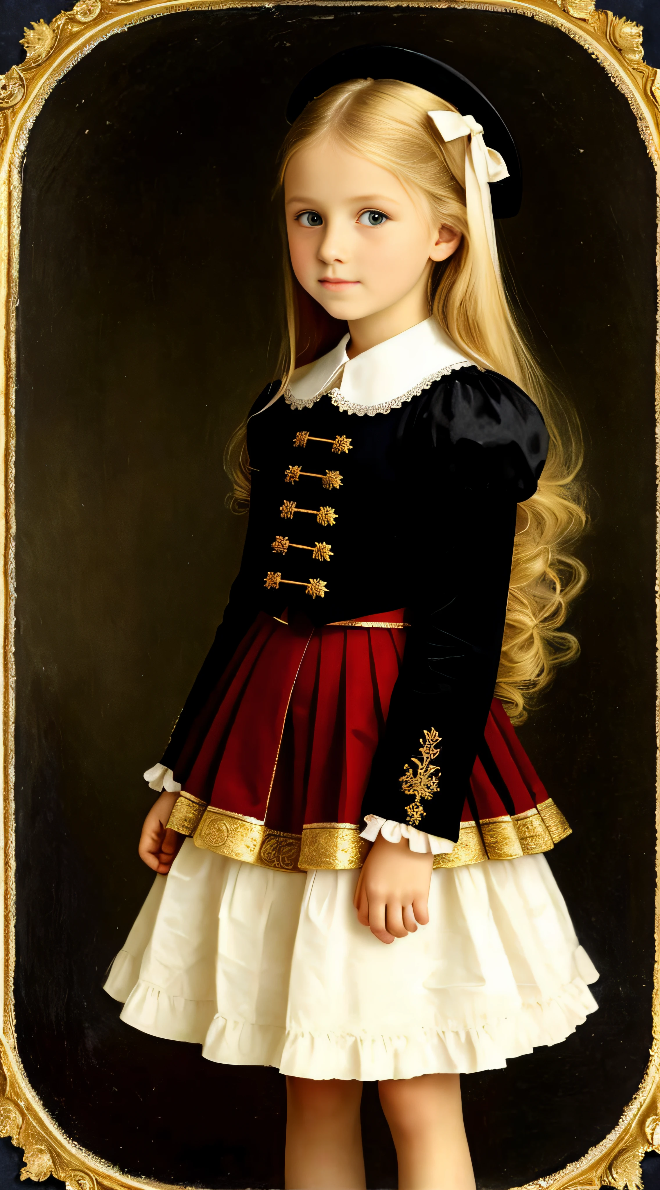 Russian,  , Portrait , Long blonde hair and bow，Layered skirt，Noble，opulent，cropped shoulders