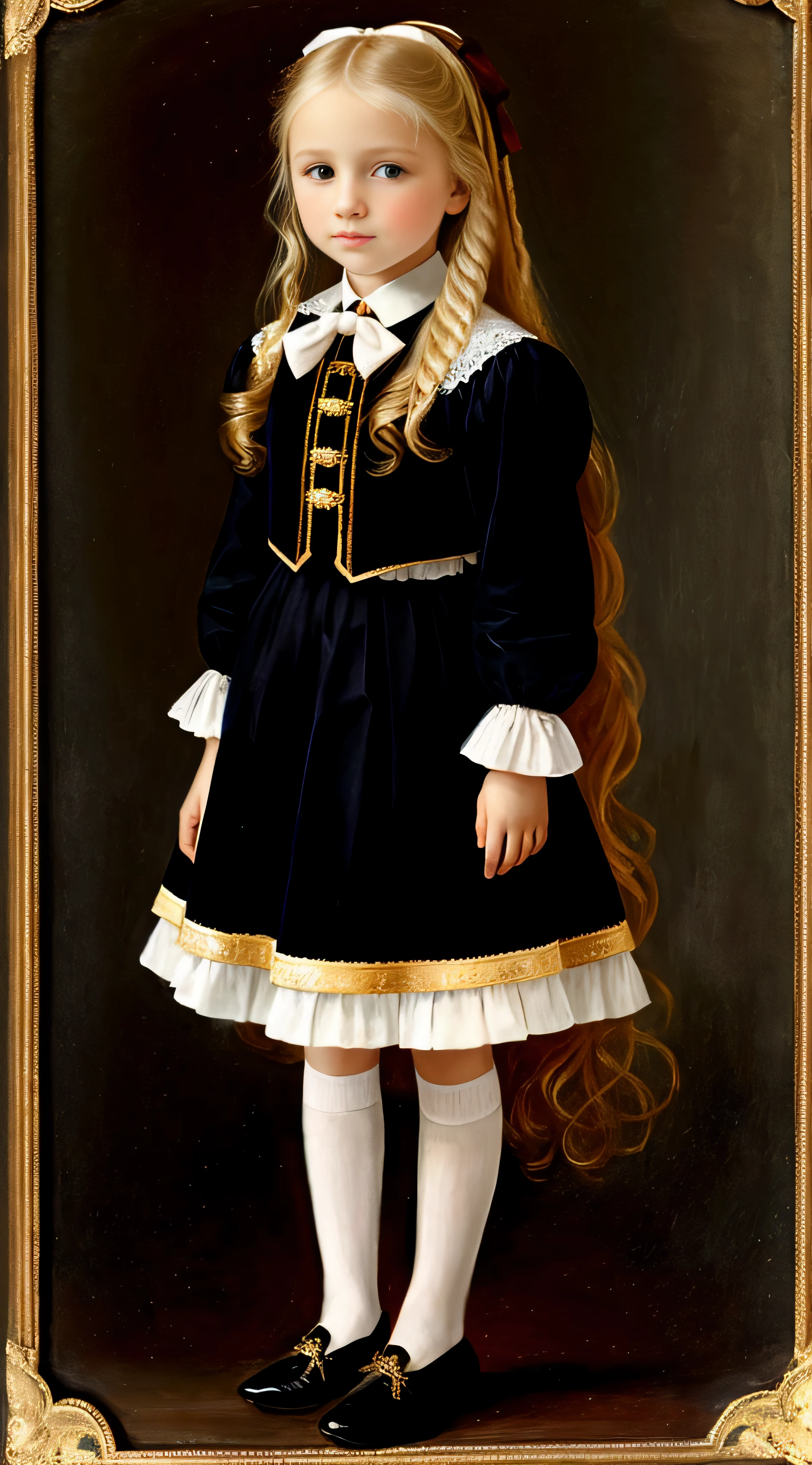 Russian, Girls Children , Portrait , Long blonde hair and bow,Layered skirt,Noble,opulent,cropped shoulders