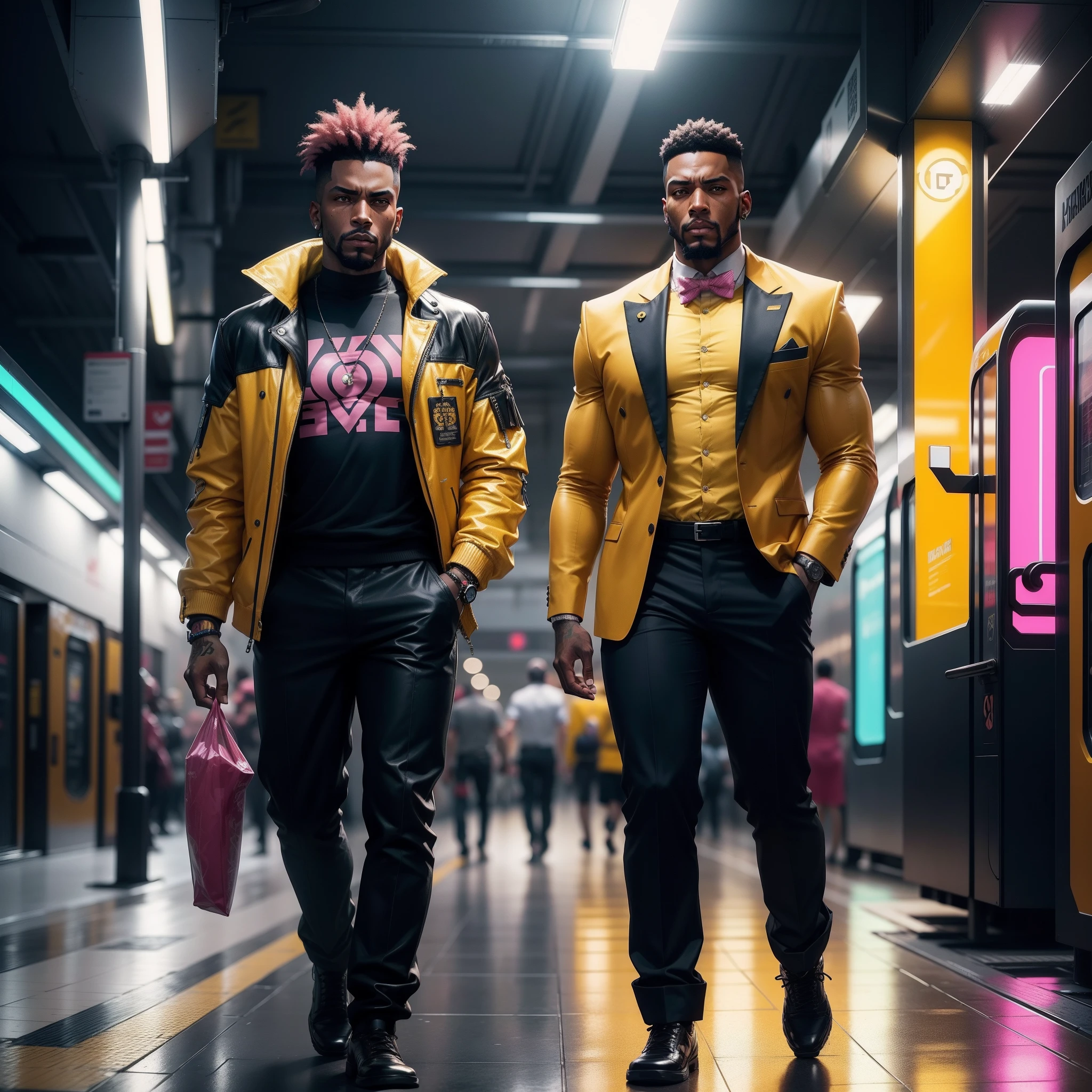 I'd like a cyberpunk style image in 4k average photo of two black characters ,30 anos de idade,,africano, forte, musculoso,Bodybillder,muito forte de pele negra ,barba grande,barba, Estiloso Barbon,com cabelo punk estilo anos 80 na cor amarelo e cinza escuro,muito eLegante,, futurista e estiloso neon , com uma tatuagem super colorida e com neon ,Toattoo, facing a metro station on the platform , with station lights failing in a dimly lit environment, standing dressed in a dark yellow suit with a pink bow tie and baggy shirt.