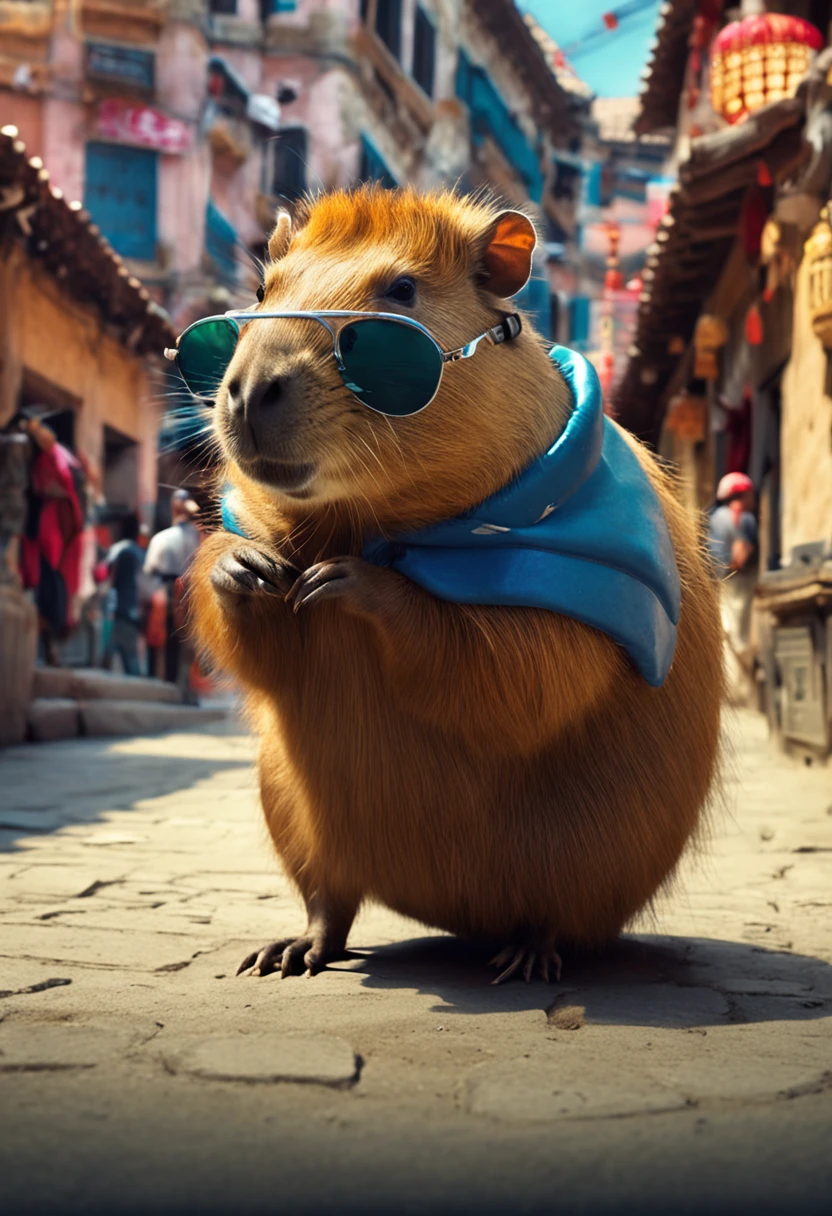 Capybara in sunglasses and headset walking the streets of the medieval Chinese city