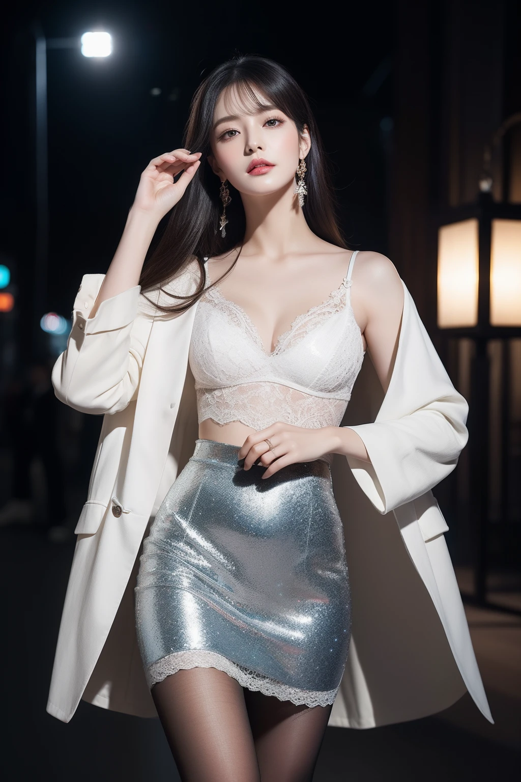 (8k,A high resolution,Photographic detail light,动态照明,realisticlying,Very detailed faces,Very detailed figure,Full body photo,poster for,intricately details)
flashing lights:On the streets at night,Neon lights illuminate the heroine's face,Make her like a star in the night sky。
Tight black stockings:The delicate black stockings cling to the heroine's slender legs,The details reveal a sensual and elegant temperament。Lace skirt:The delicate texture of lace makes the skirt even more glamorous,The delicate pattern perfectly blends with the heroine,Exudes an irresistible allure。
White color blouse:The close-fitting white shirt brings the slender figure of the heroine to life,At the same time, it also shows her competence and fashion taste。
Soft light:The light in the background shines through the veil covered by the heroine,Sprinkle on her skin,Creates a tenderness、Dreamy atmosphere。
Carefully dressed makeup:The heroine's face is delicate,Highlight her beautiful facial features with delicate makeup,The eye makeup is deep and full of charm,Slightly seductive。
Accessory embellishments:The heroine's wrist shines with several thin chains of sterling silver,Paired with a gorgeous watch,Embellish her noble temperament。
Take a confident step:The heroine while walking on the street,Tall and confident,Her every step exudes an irresistible charm