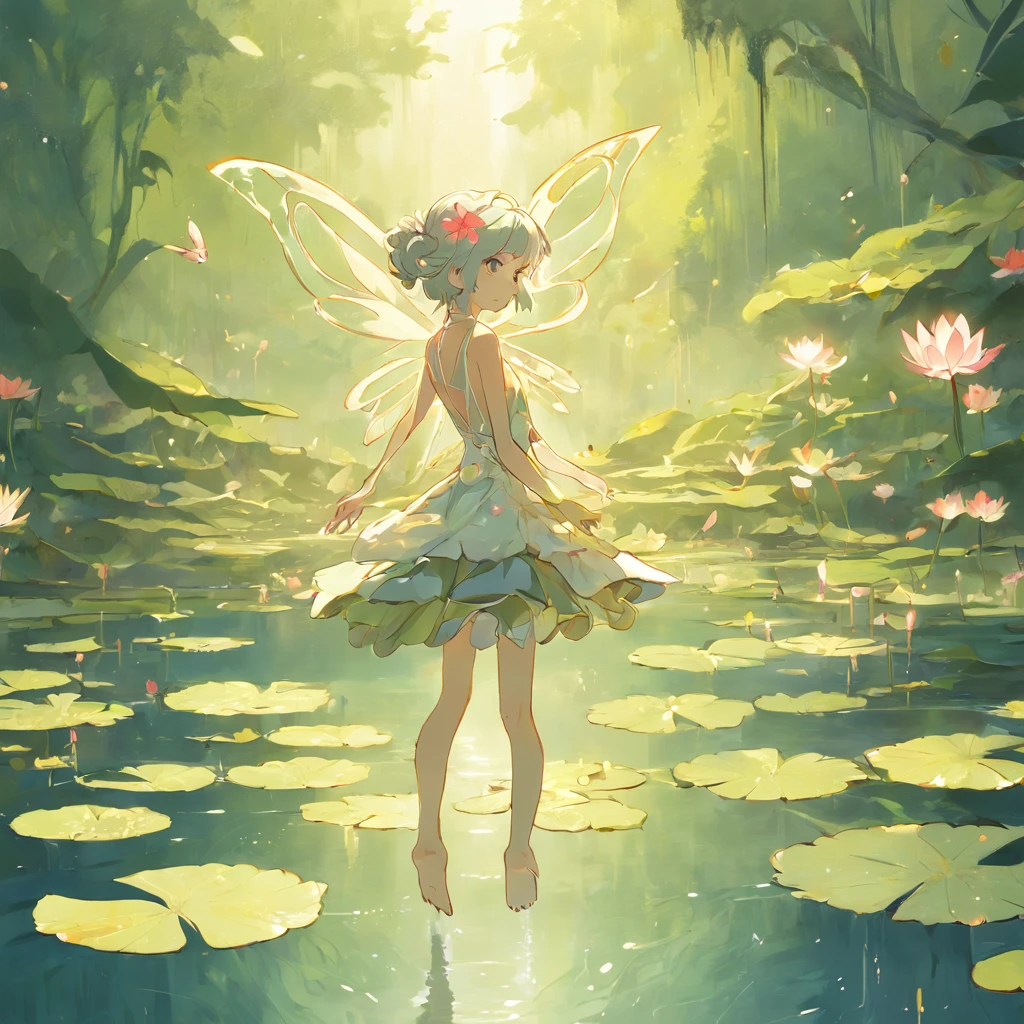 A fairy flying around a flowering water lily pond on the back of a dragonfly descends to a lotus leaf and unravels her body with gymnastics